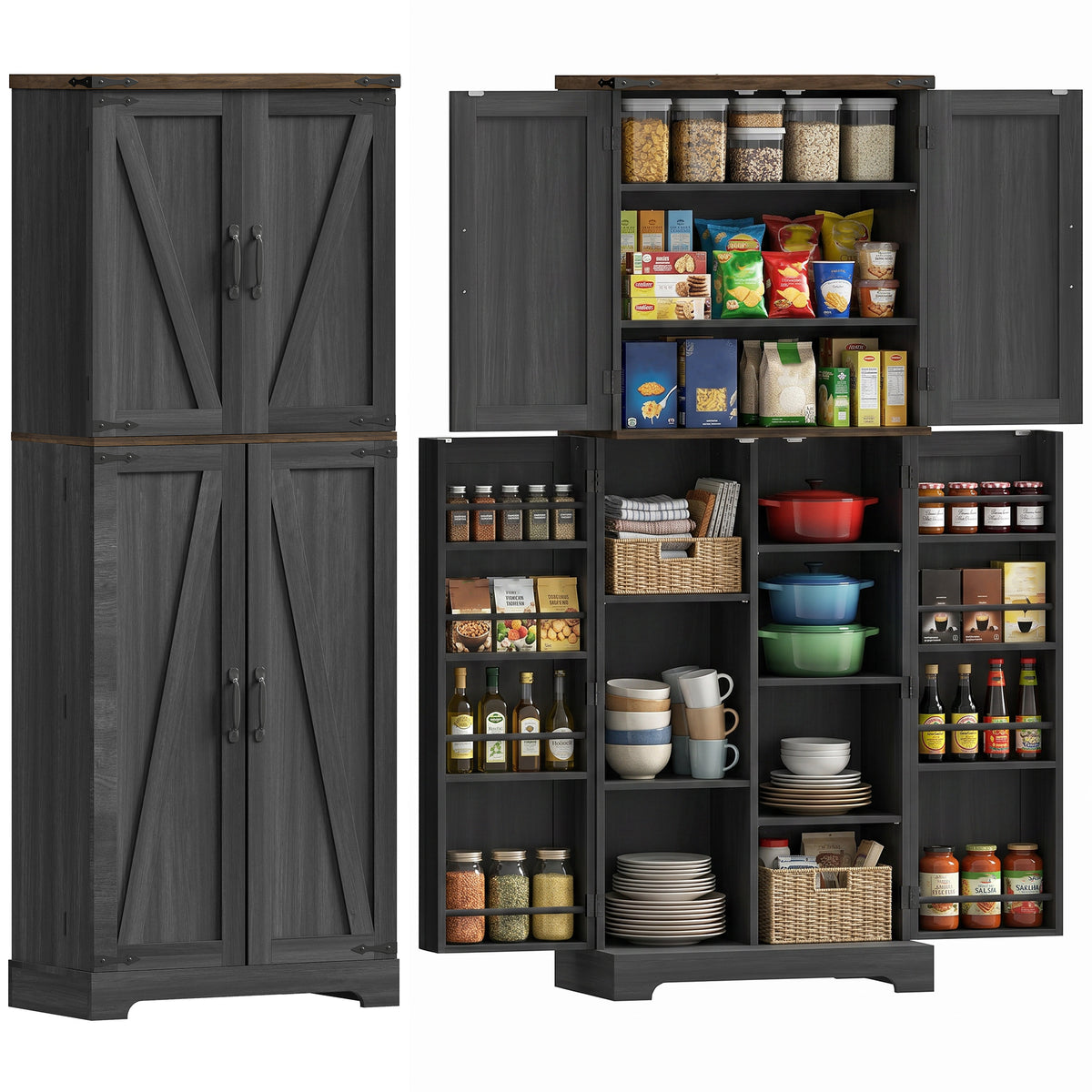 Tall Kitchen Pantry Cabinet with Spice Racks and Adjustable Shelves – 24"W x 64"H