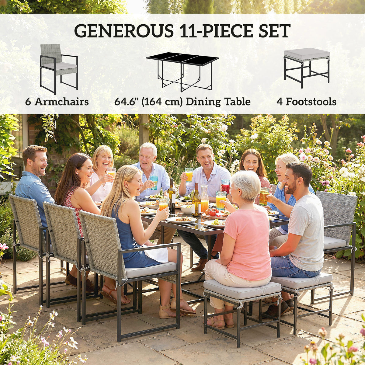 11 Pieces Wicker Patio Dining Set, Rattan Outdoor Furniture Set with 6 Armchairs, 4 Stools