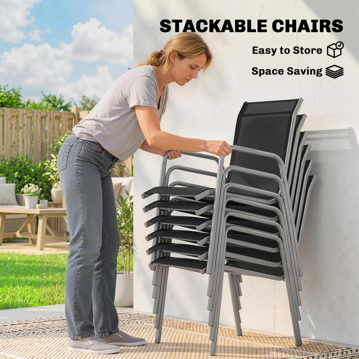 7 Piece Garden Dining Set, Garden Furniture Set with Rectangle Table and 6 Stackable Chairs – Silver, Black