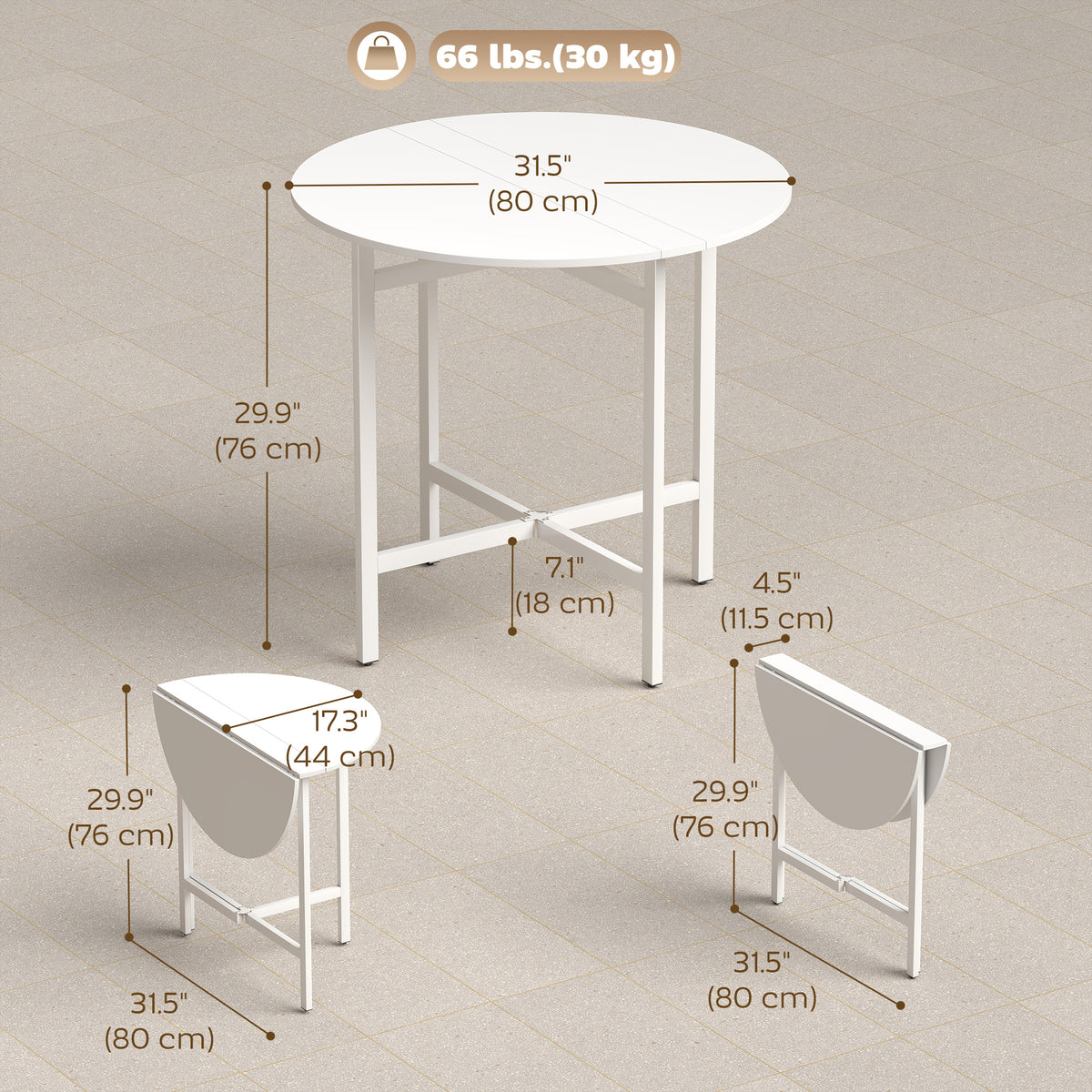 Drop Leaf Table, Folding Round Dining Table for Small Spaces 80 cm