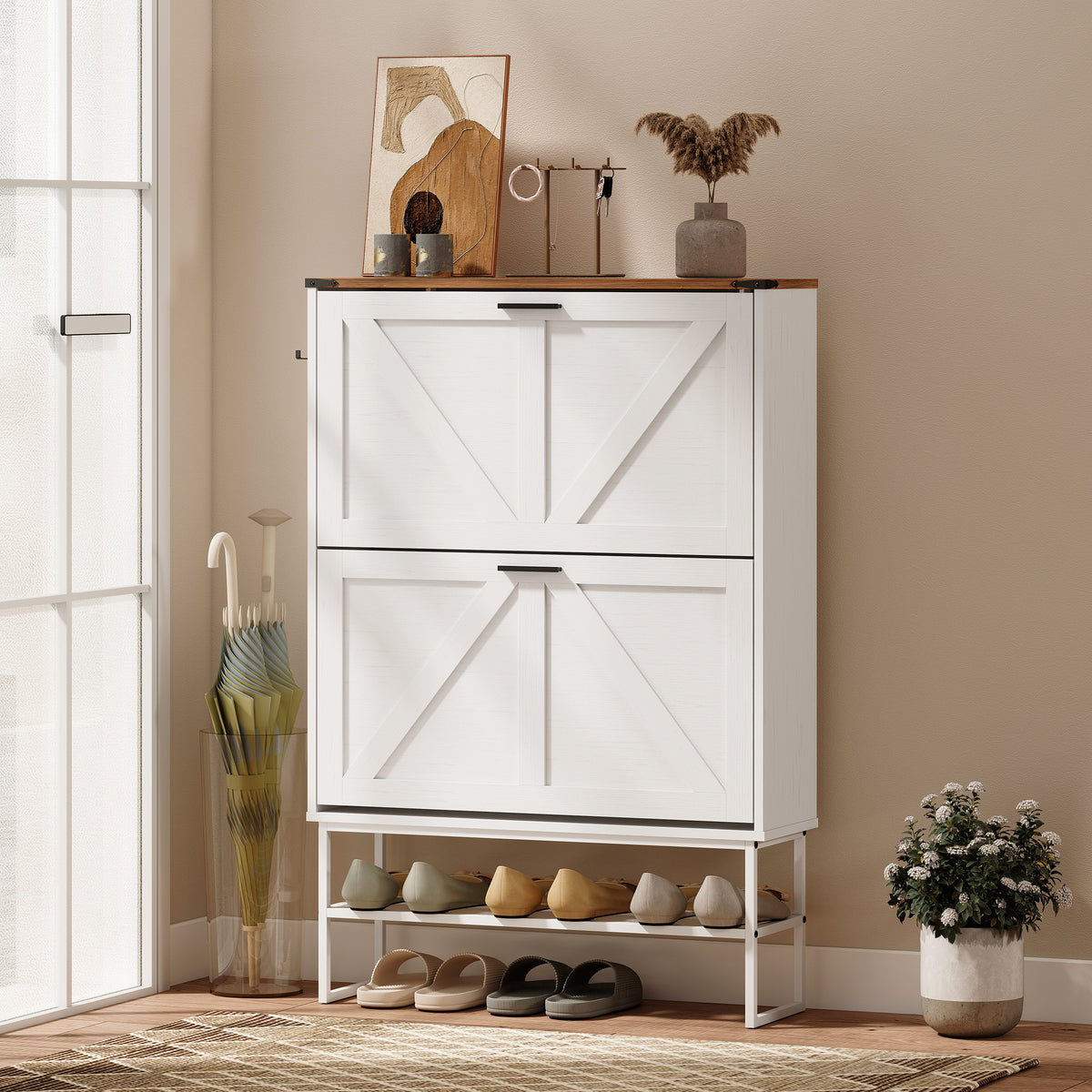 Narrow Shoe Storage Cabinet with 2 Flip Drawers – 31"W x 46"H