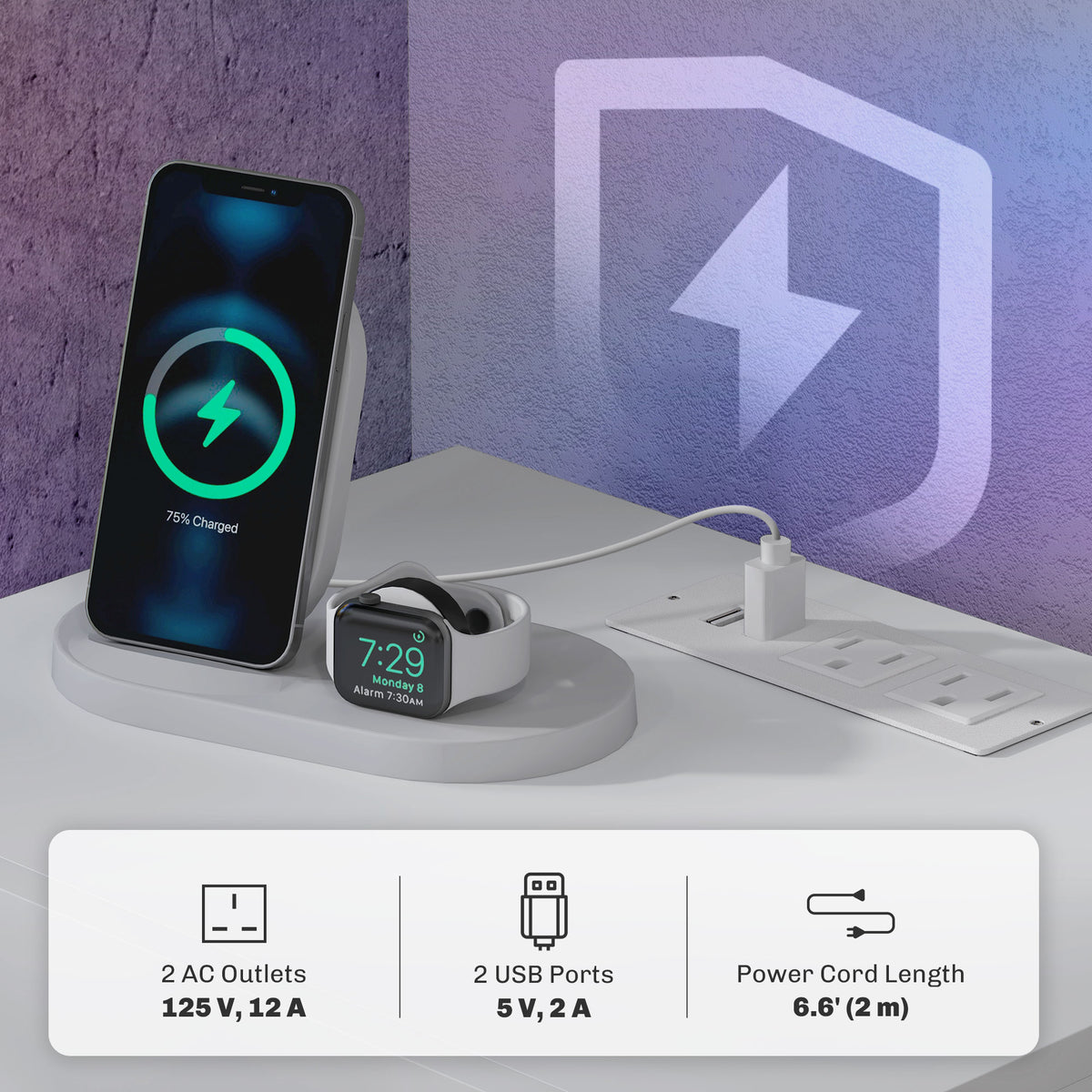 Nightstand with Charging Station and LED Light – 18"W x 18"H
