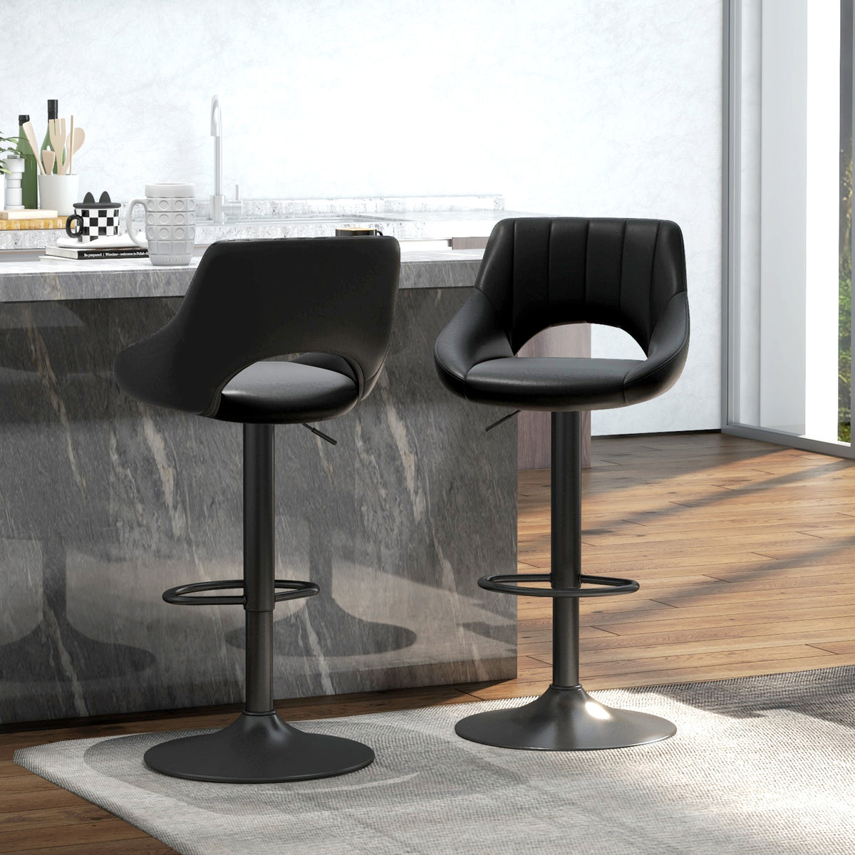 Channel-Tufted Faux Leather Swivel Counter Stools with Footrest, Set of 2