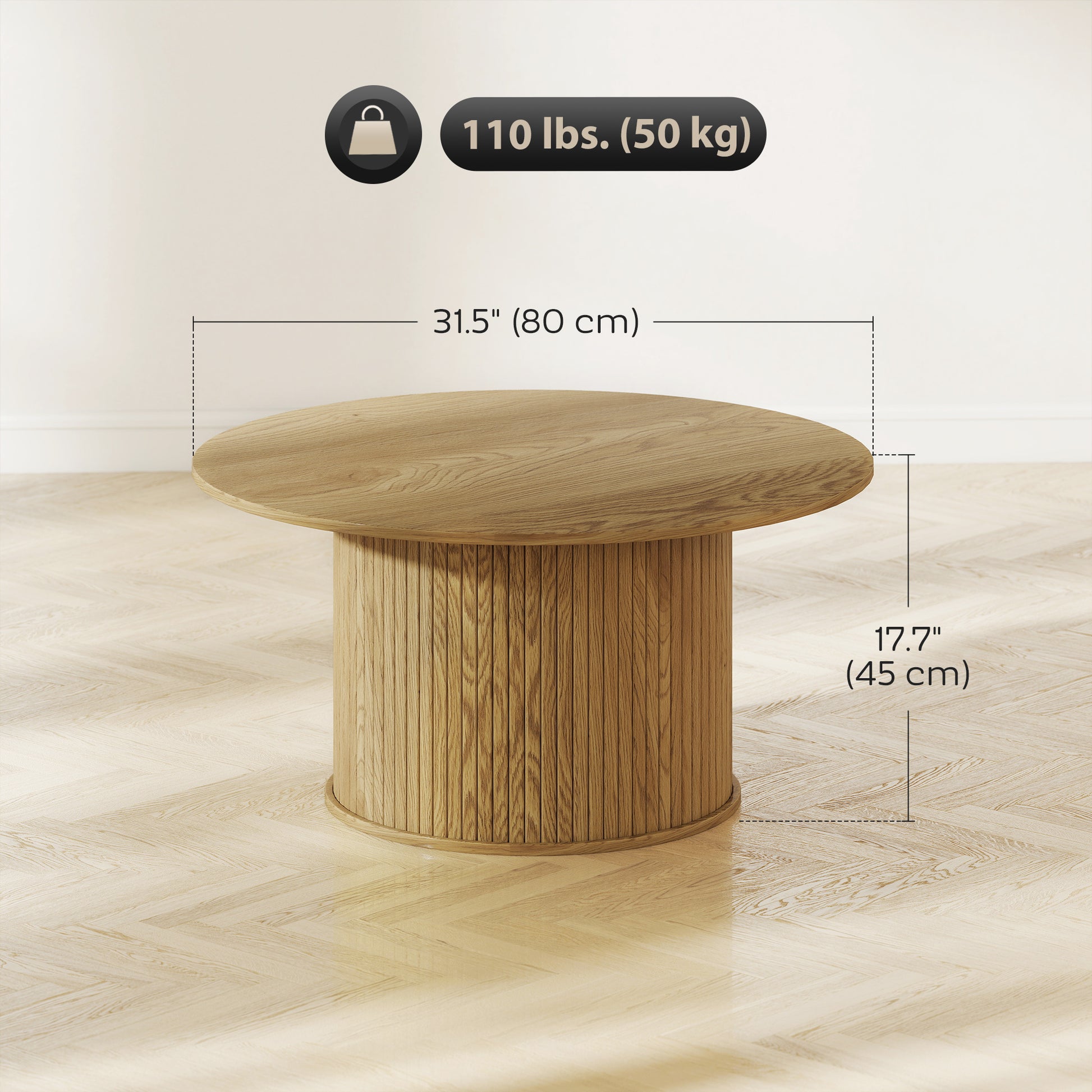 HOMCOM Nordic Round Oak Coffee Table with Fluted Cylindrical Base for Living Room