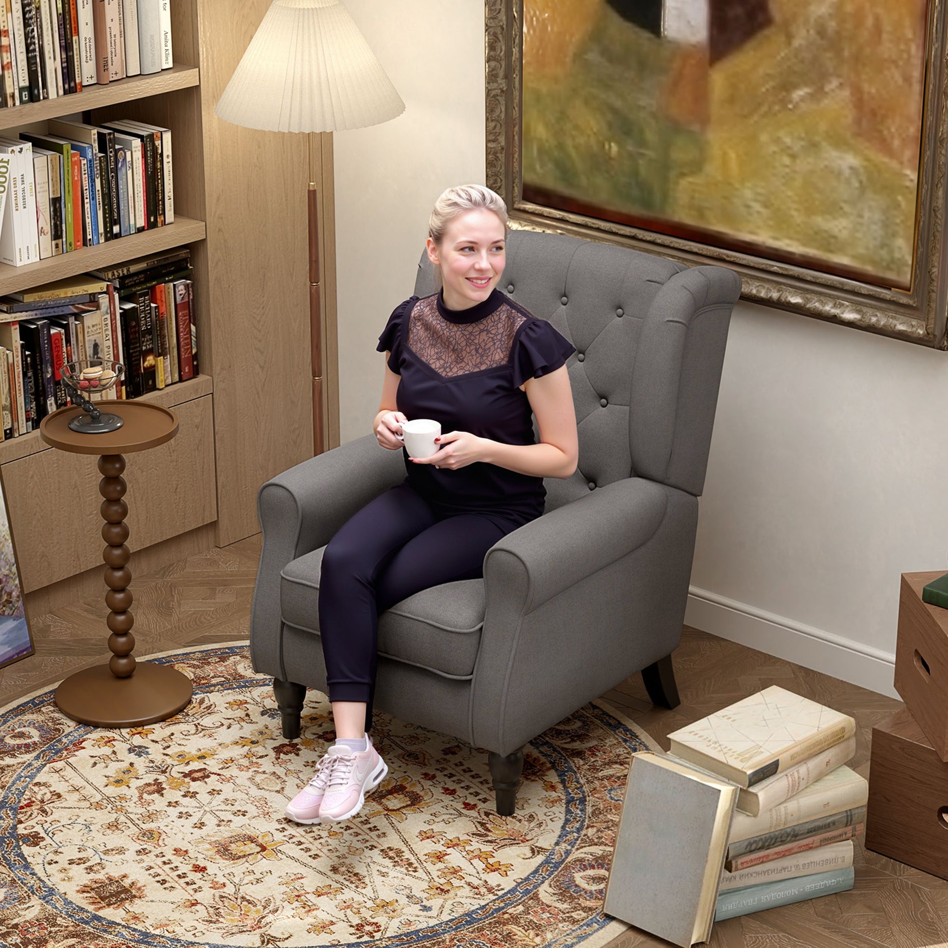 Elegant HOMCOM Fabric Accent Chair with Tufted Back, Wood Legs, Charcoal Grey