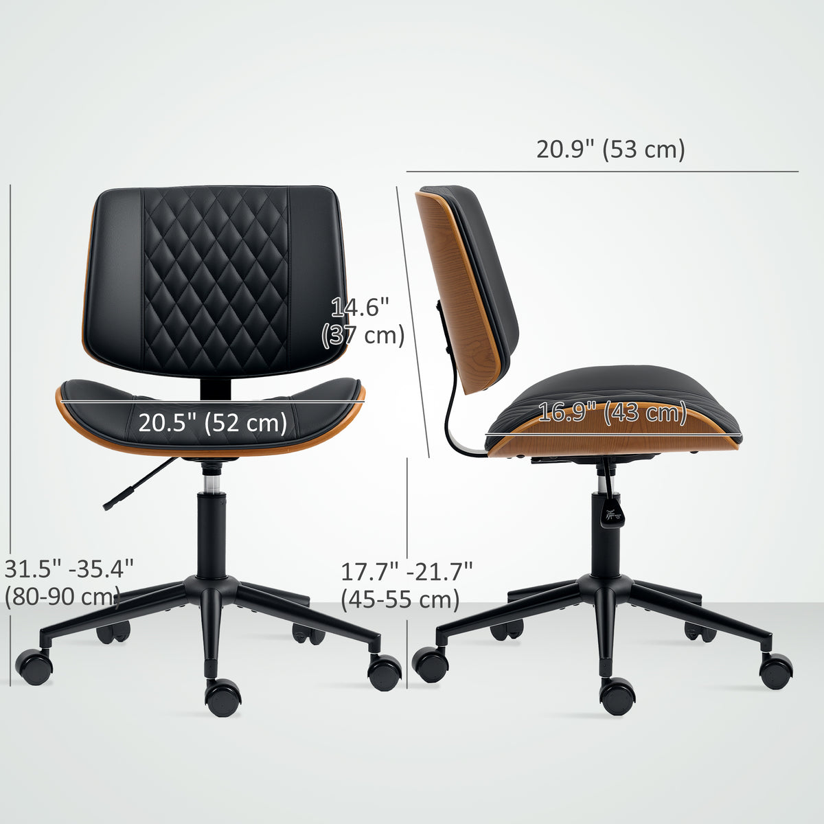 Office Chair No Arms with Wheels, PU Leather Desk Chair with Adjustable Height, Black