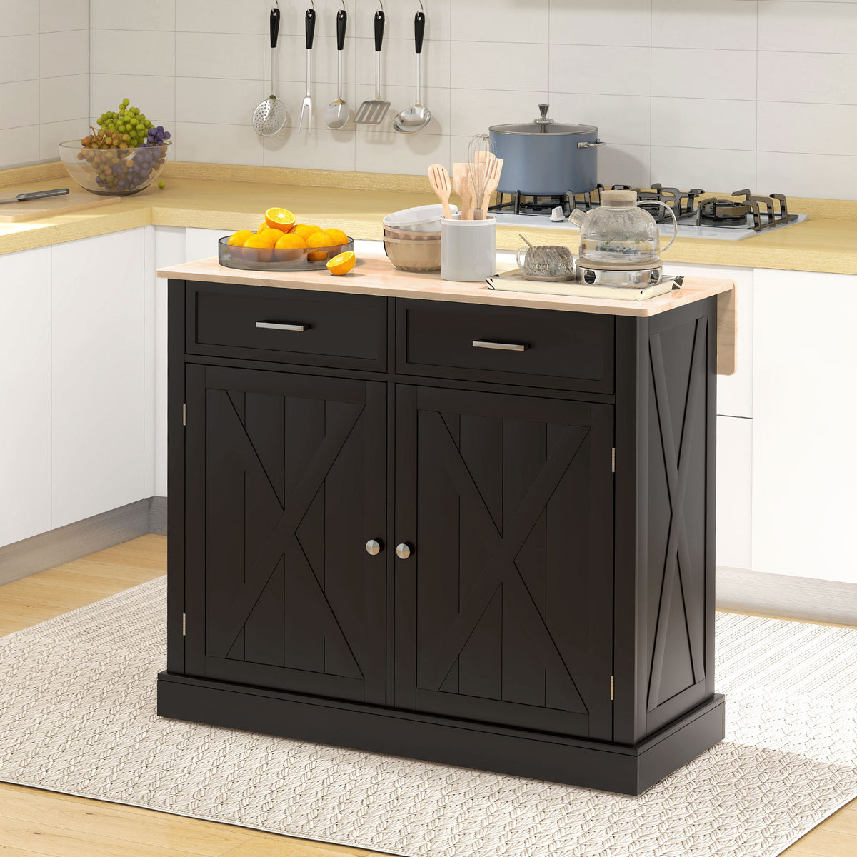 Rolling Kitchen Island with Drop Leaf Wood Breakfast Bar – 41"W x 36"H