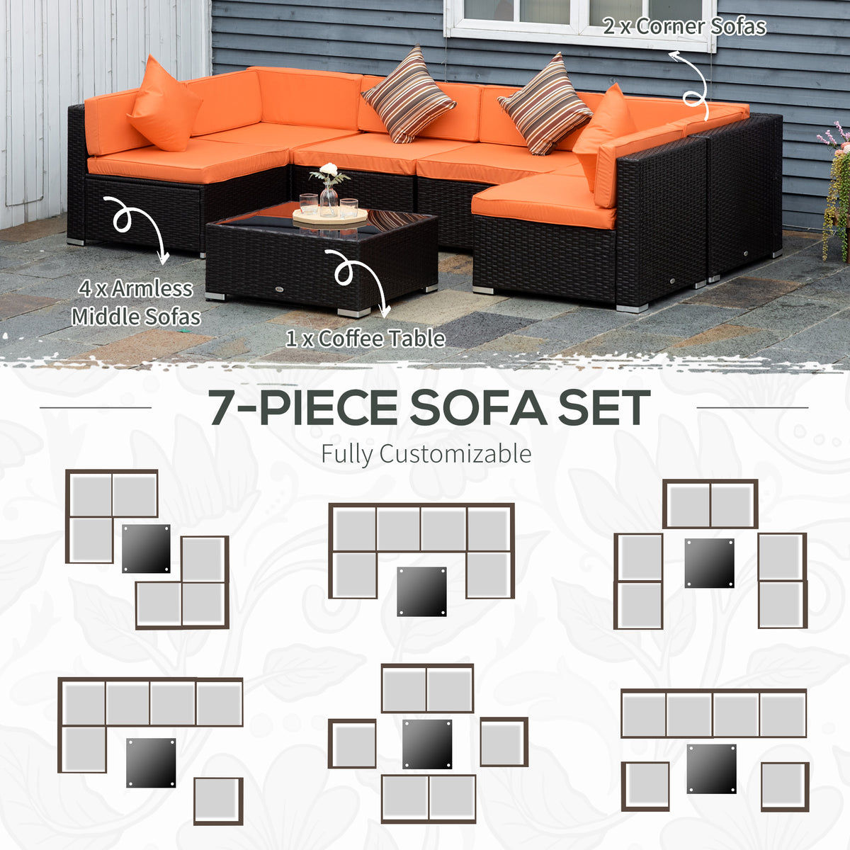 7 Pieces Outdoor Rattan Furniture Set, Patio Wicker Sectional Conversation Sofa Set – Orange