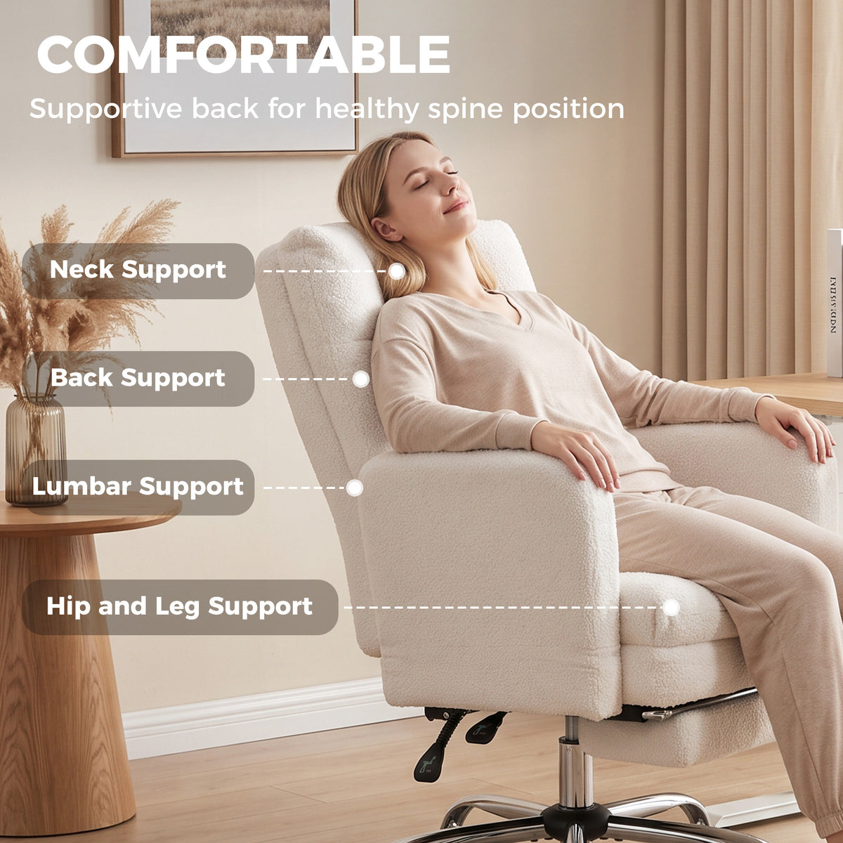 Office Chair, Teddy Fleece Executive Computer Desk Chair with Foldable Armrests, Cream White