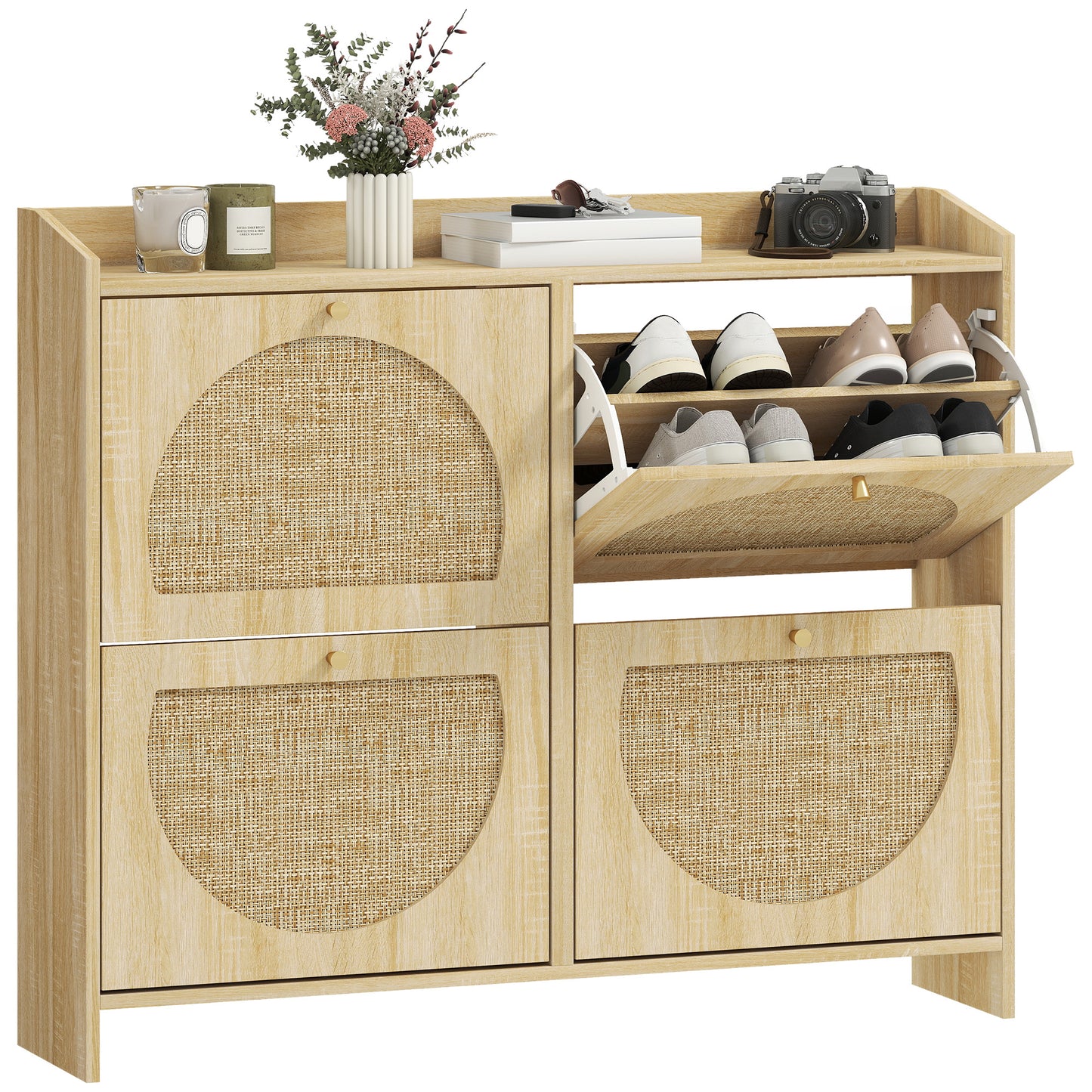 HOMCOM Natural Rattan 4-Flip Drawer Shoe Cabinet, Adjustable Shelves, Stores 16 Pairs