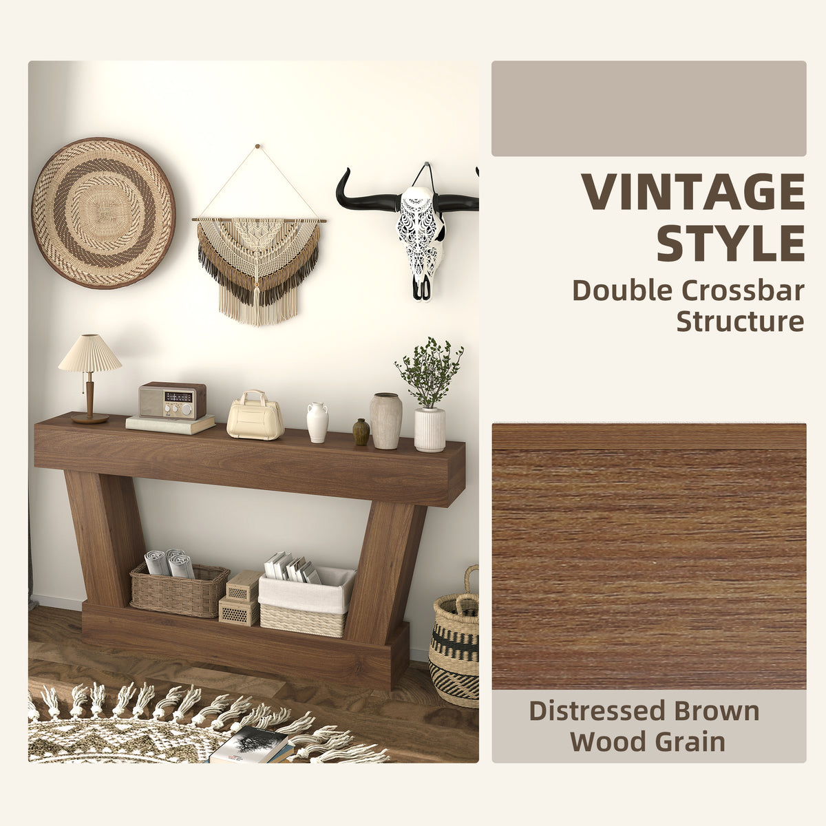 63" Vintage Console Table with Open Shelf, Dark Brown