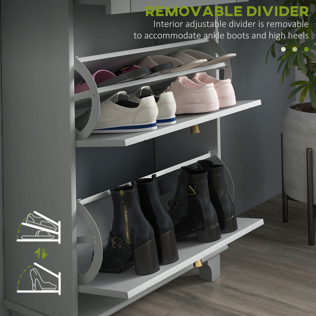 Slim Shoe Storage with 2 Flip Drawers and Adjustable Shelves – 24"W x 39"H