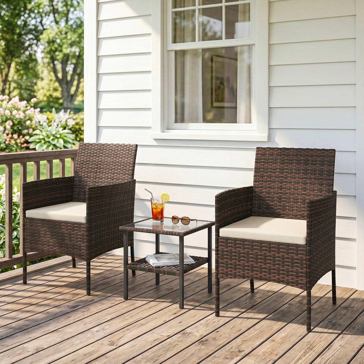 Wicker Bistro Set, 3 Piece Patio Furniture Set with 2-Tier Glass Top Table, Cushions for Balcony, Porch – Khaki – Khaki