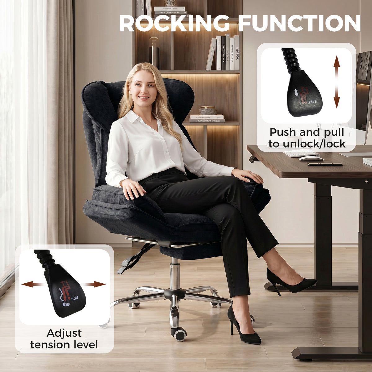 Big and Tall Office Chair with Footrest, High Back Snowflake Velvet Reclining Executive Desk Chair, Black