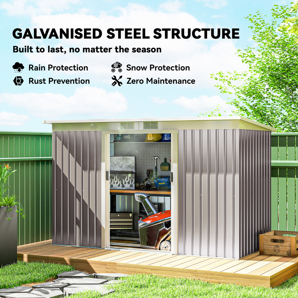 9' x 4' Garden Metal Storage Shed Outdoor Equipment Tool Box with Foundation Kit, Ventilation & Doors – Light Grey
