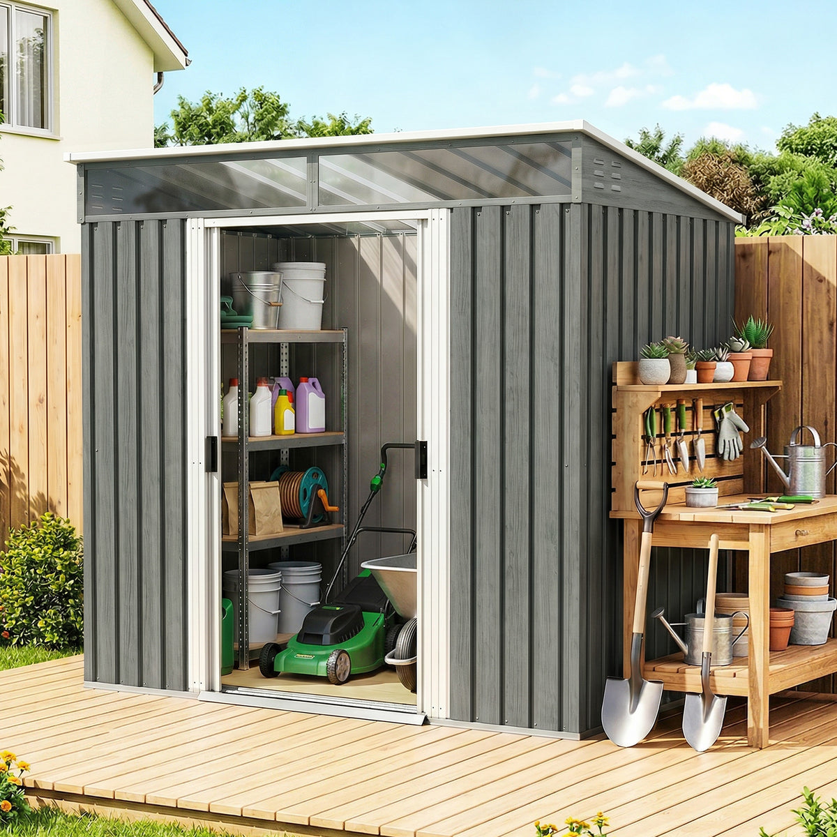 6.5 x 4 ft Garden Tool Shed, Galvanised Steel Outdoor Storage with Lockable Sliding Doors, Foundation Kit, Hooks & Vents – Light Grey