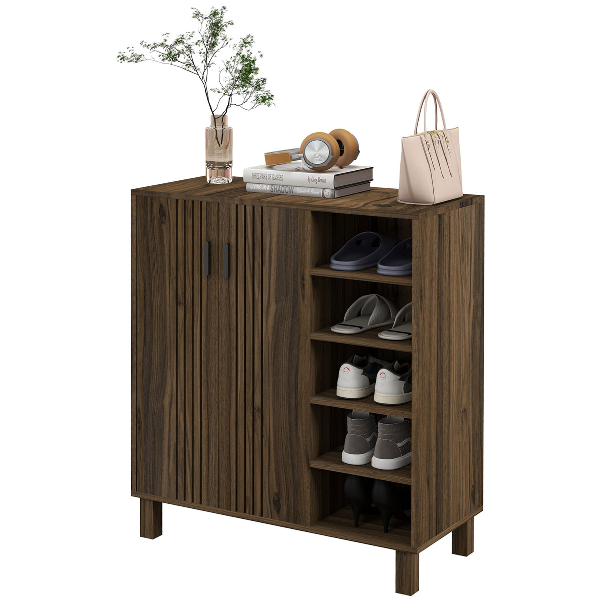 Shoe Cabinet with Double Doors and Open Shelves – 32"W x 35"H