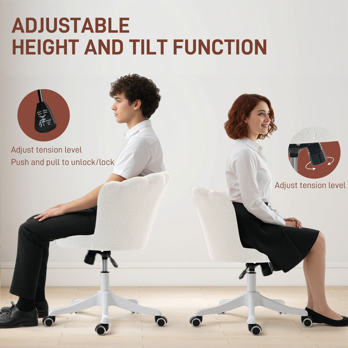Office Chair, Armless Swivel Desk Chair with Adjustable Height, Backrest, Cream White