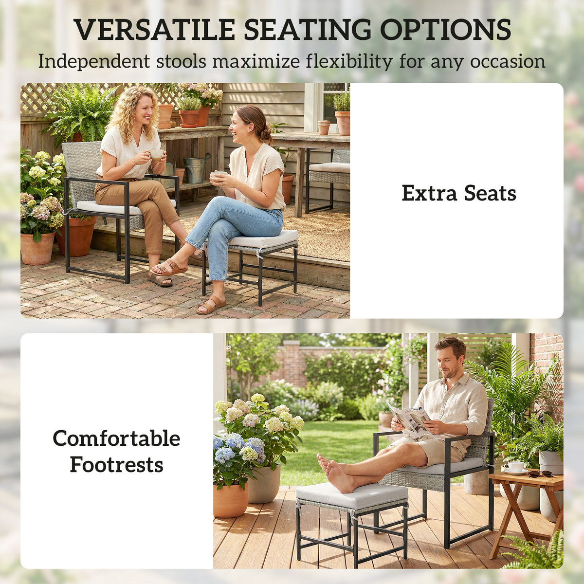 11 Pieces Wicker Patio Dining Set, Rattan Outdoor Furniture Set with 6 Armchairs, 4 Stools