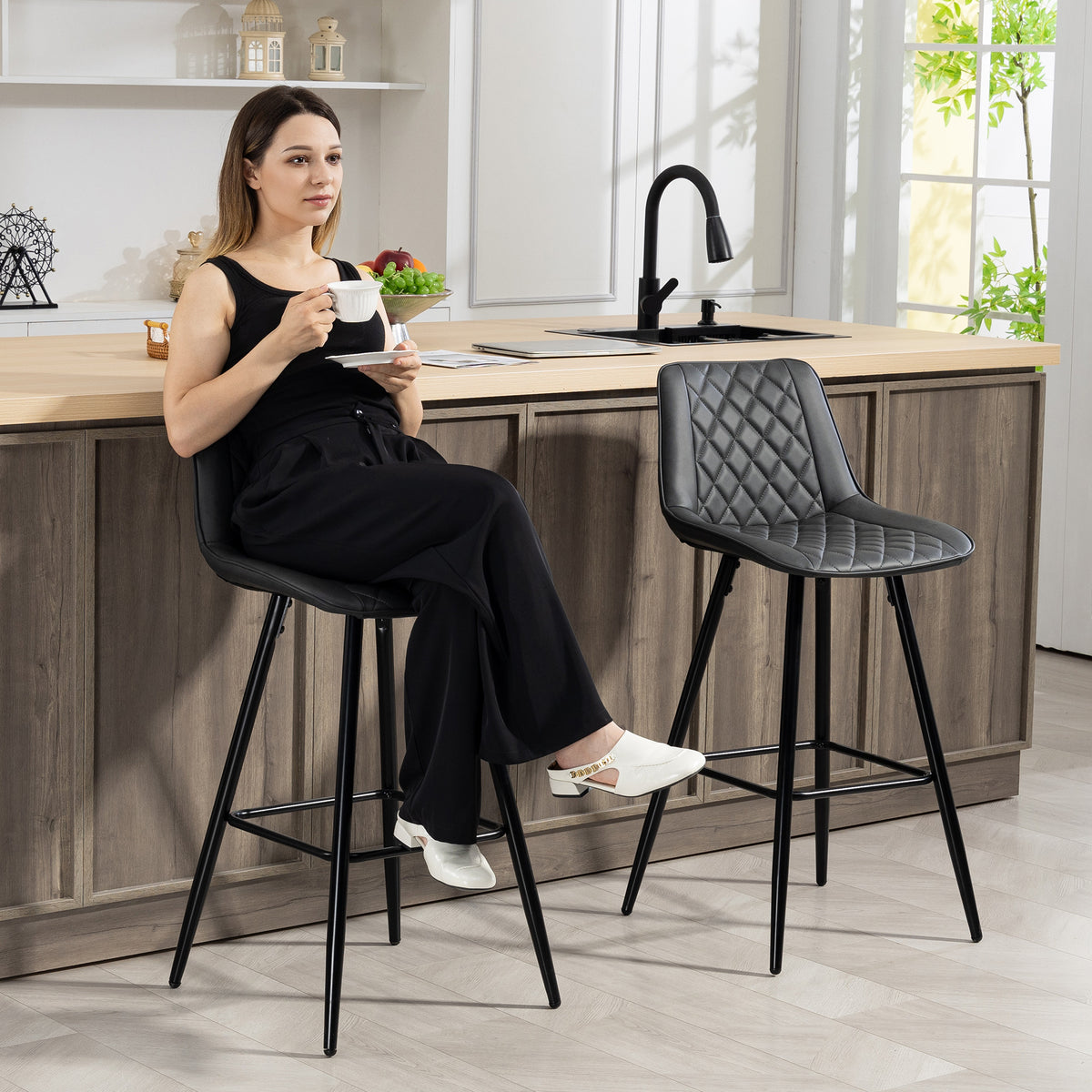 PU Leather 27.75" Counter Height Bar Chairs with Metal Legs, Set of 2