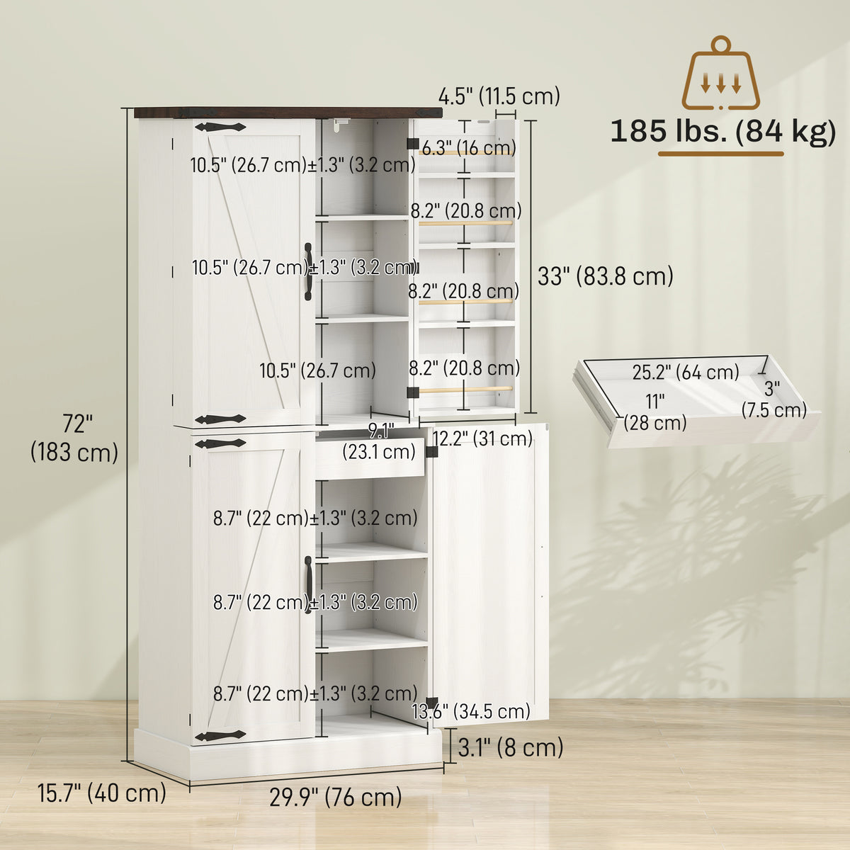 Farmhouse Storage Cabinet with 8 Door Racks and Adjustable Shelves – 30"W x 72"H
