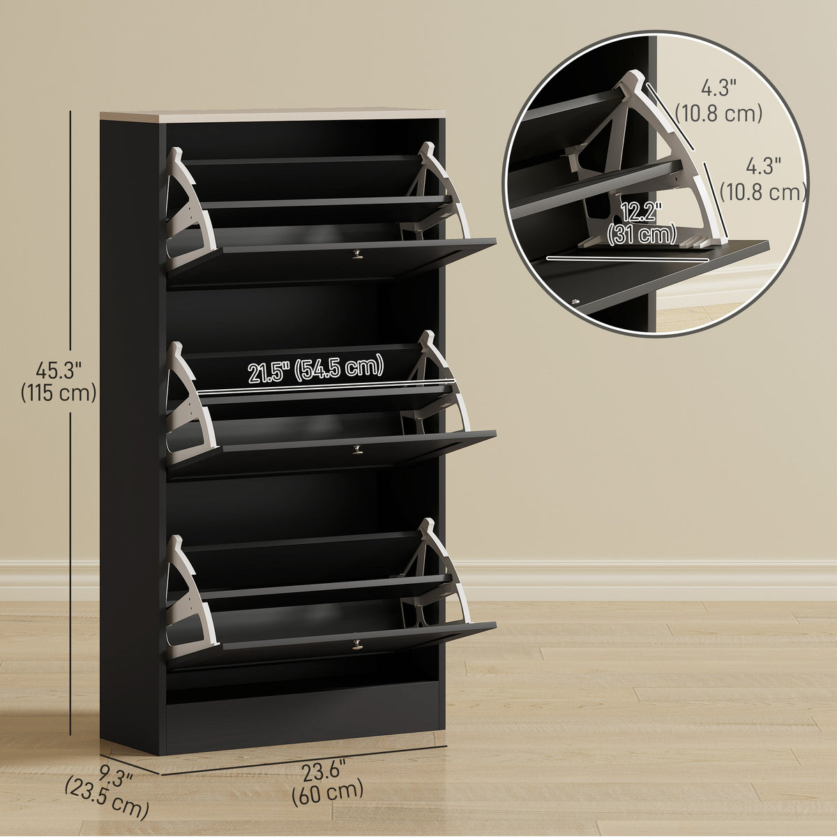 Modern Shoe Storage with 3 Flip Drawers and Adjustable Shelves – 24"W x 45"H