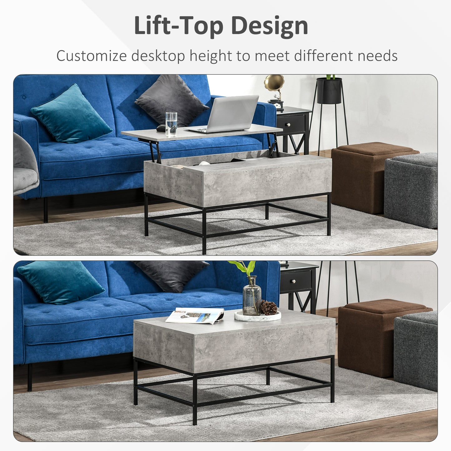 Modern Grey Lift Top Coffee Table with Hidden Storage, Adjustable Height, Faux Marble Finish