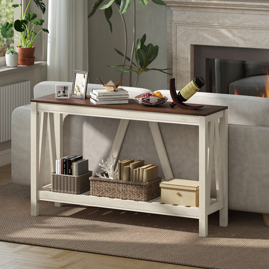 HOMCOM Farmhouse Console Table: Rustic Storage Shelf, Sofa Entryway Accent, Oak Finish