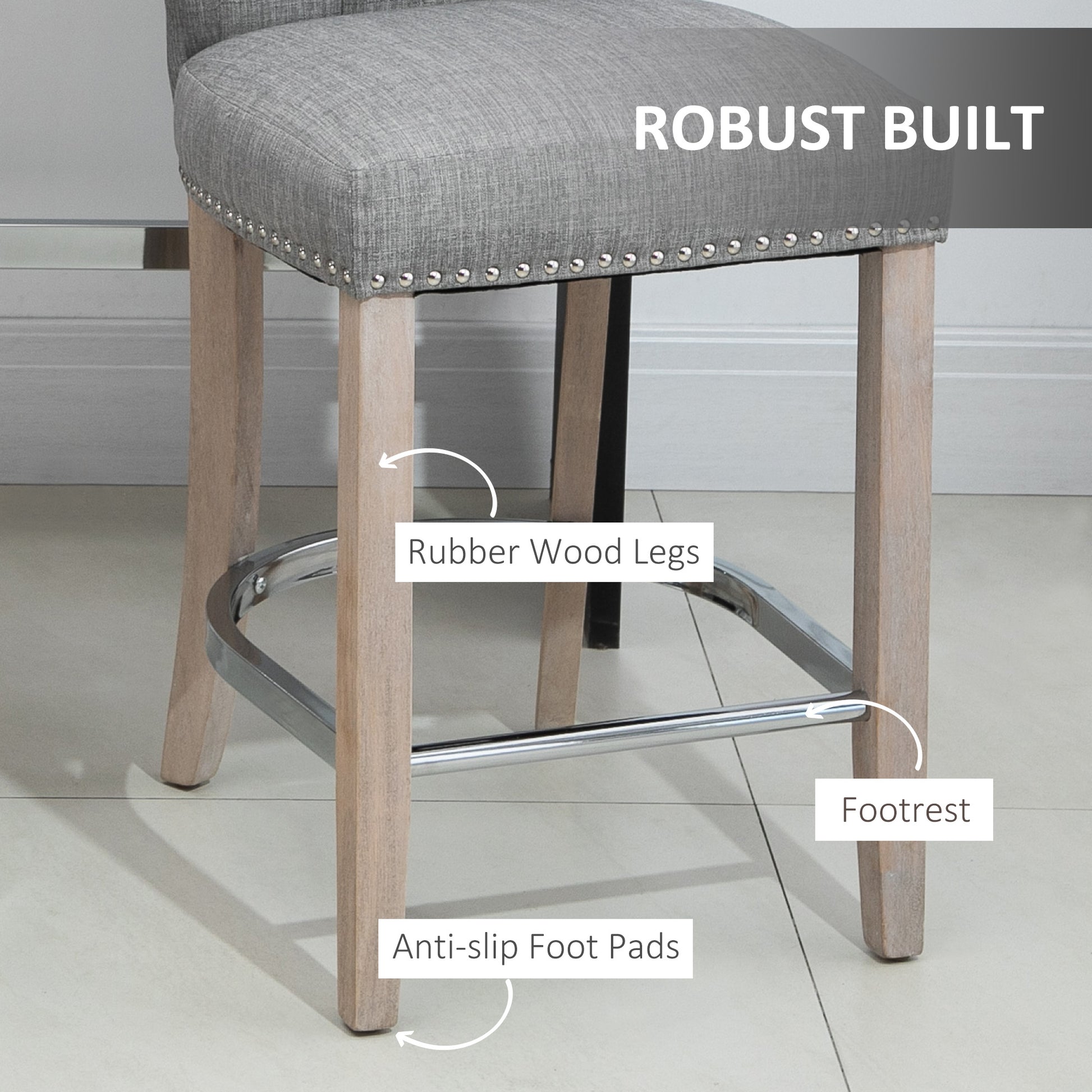 HOMCOM Grey Linen Counter Bar Stools, Set of 2, Solid Wood Legs