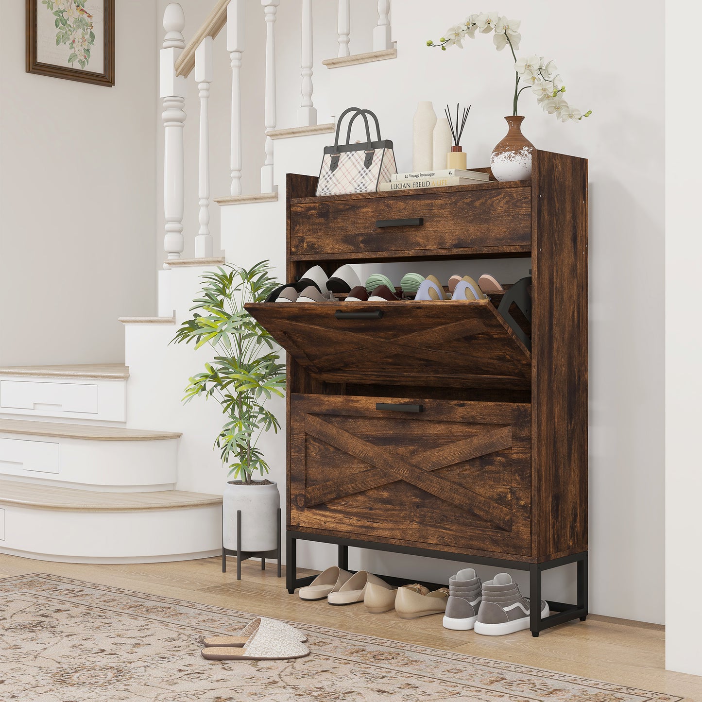 HOMCOM Slim Rustic Brown Shoe Cabinet: 2 Flip Drawers, Adjustable Shelves, 12 Pair Storage Organizer