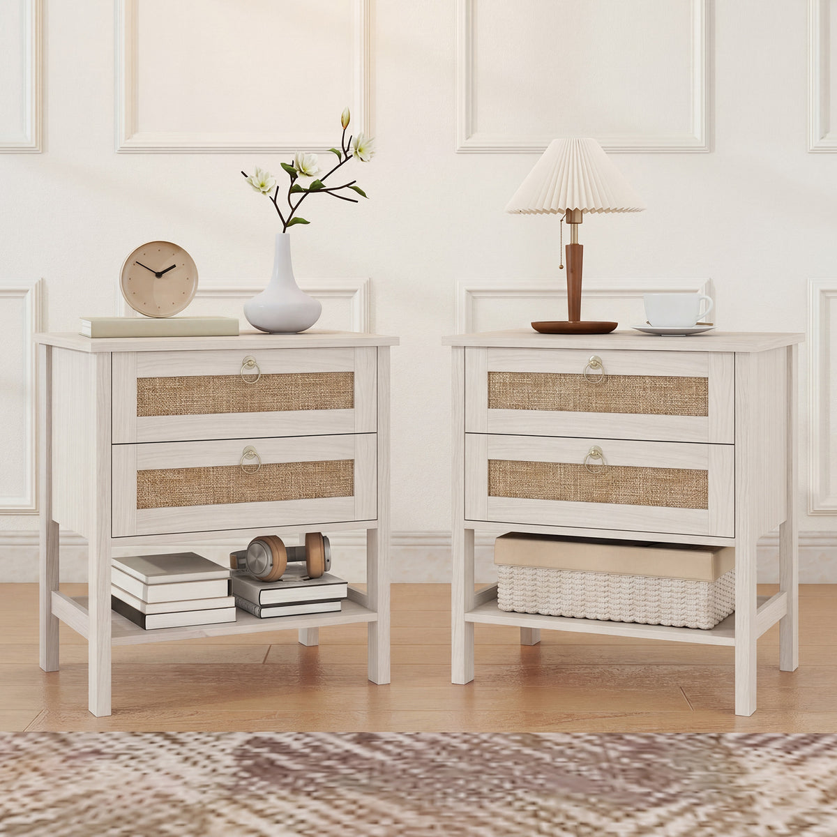 Boho Rattan Nightstands with 2 Drawers, Set of 2 – 24"W x 26"H