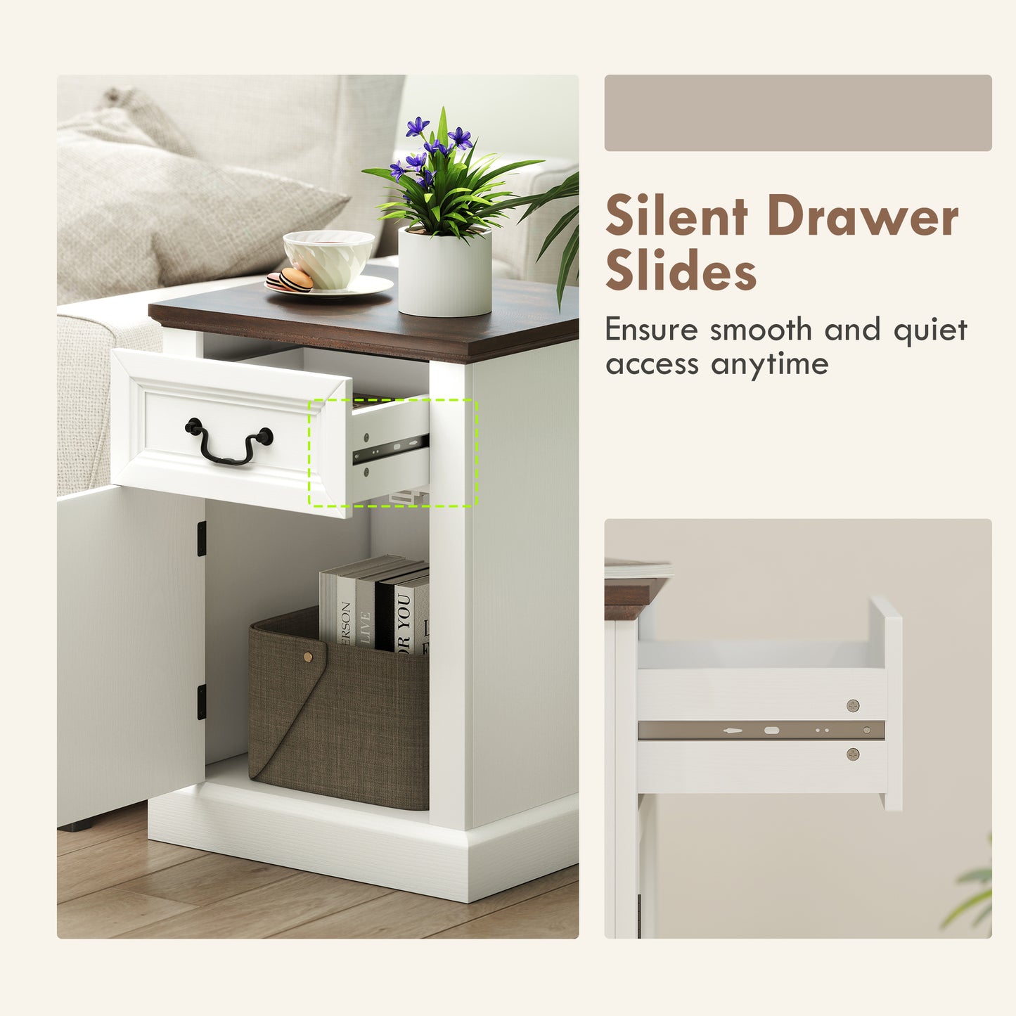 Set of 2 HOMCOM Farmhouse White Nightstands with Drawer and Cabinet