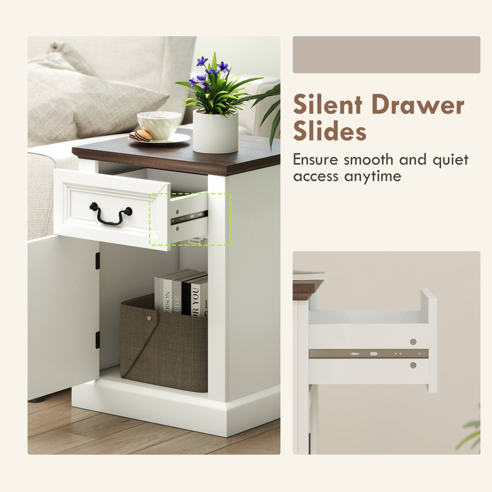 Set of 2 HOMCOM Farmhouse White Nightstands with Drawer and Cabinet