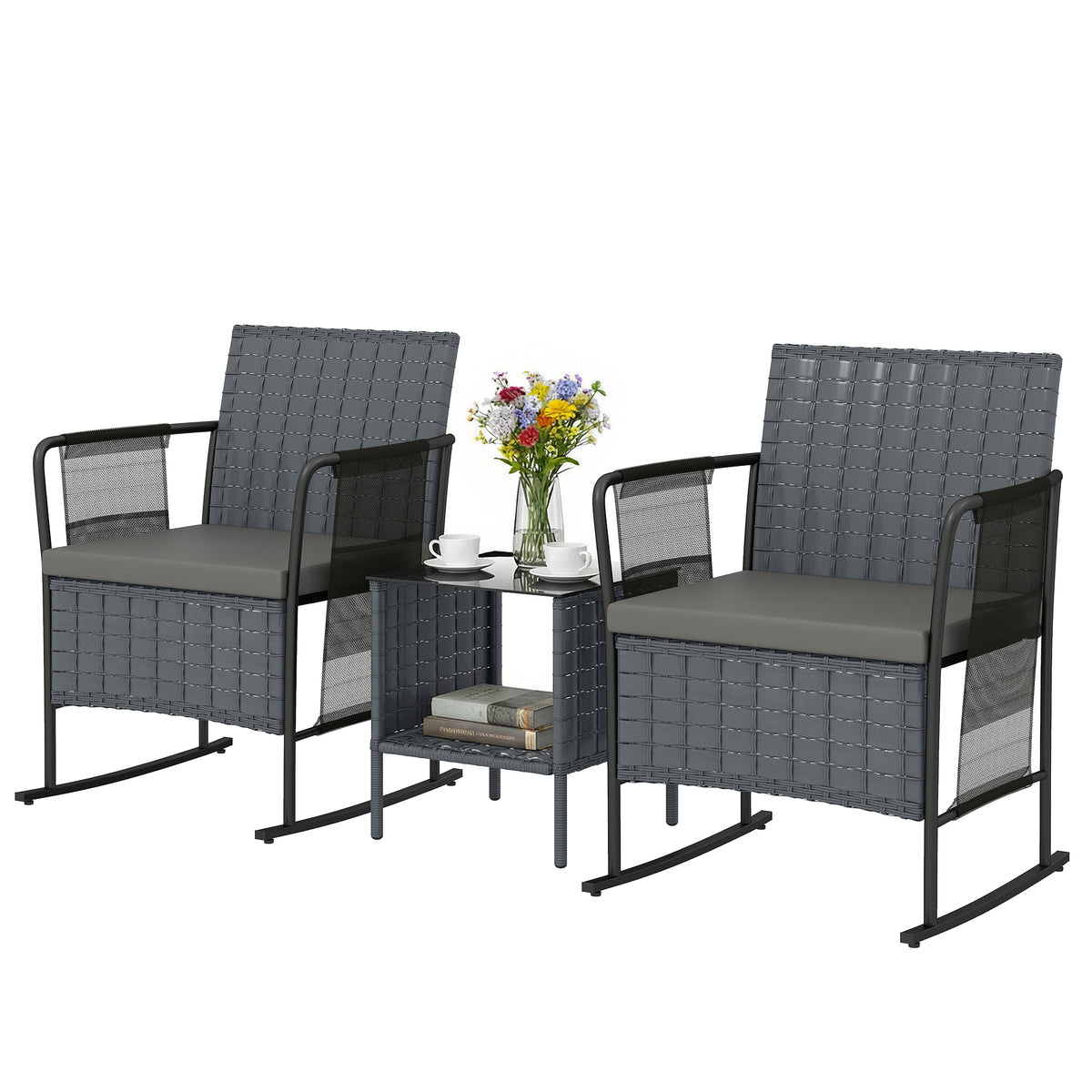 3 Pieces Rocking Bistro Set Outdoor Patio Furniture Set with Side Pockets, Mesh Seat, Cushions, 2-Tier Table