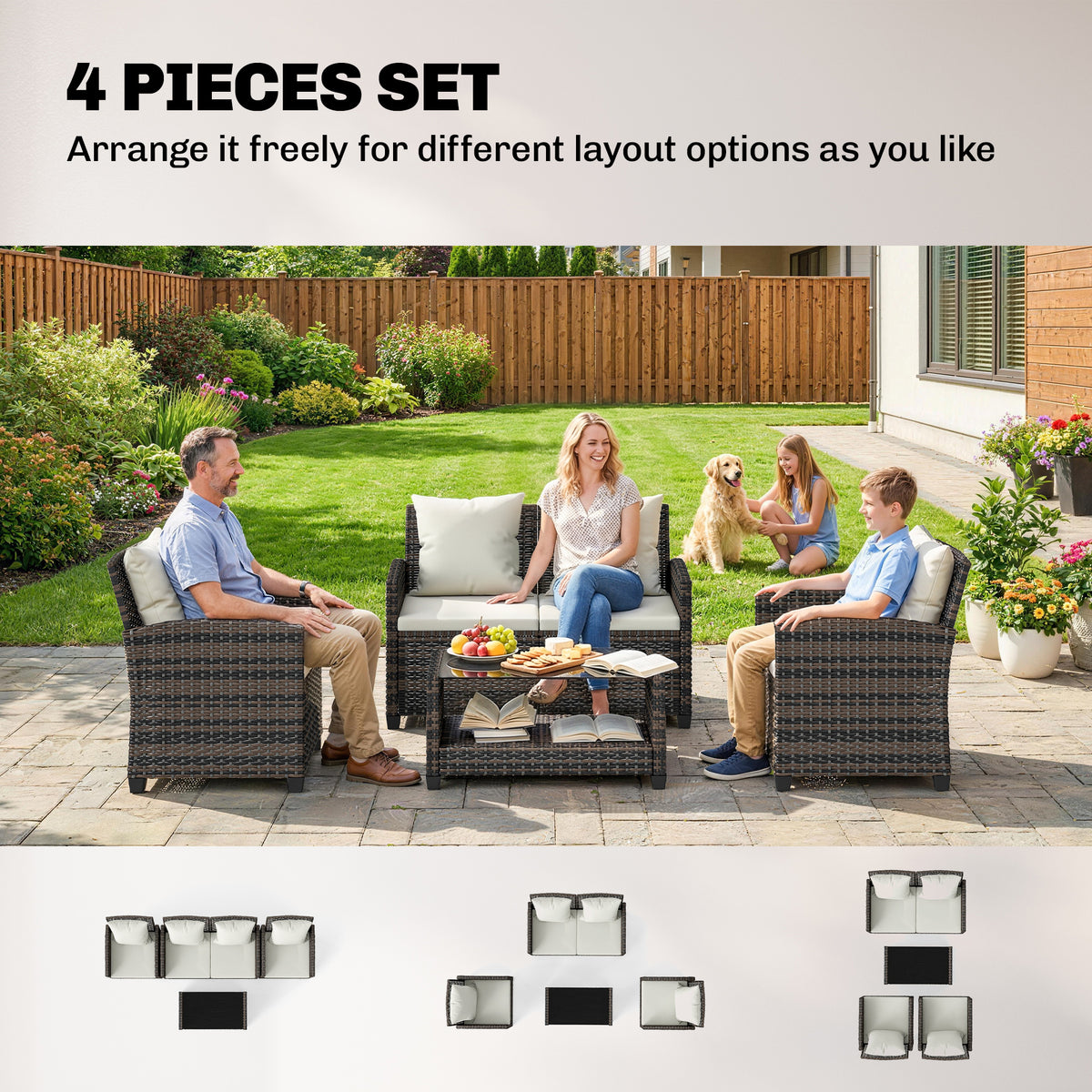 4-Piece Outdoor Wicker Patio Furniture Conversation Set, Includes Loveseat, Chairs and 2-Tier Table with Cushions, Modern Rattan Sofa Set for Backyard – Beige