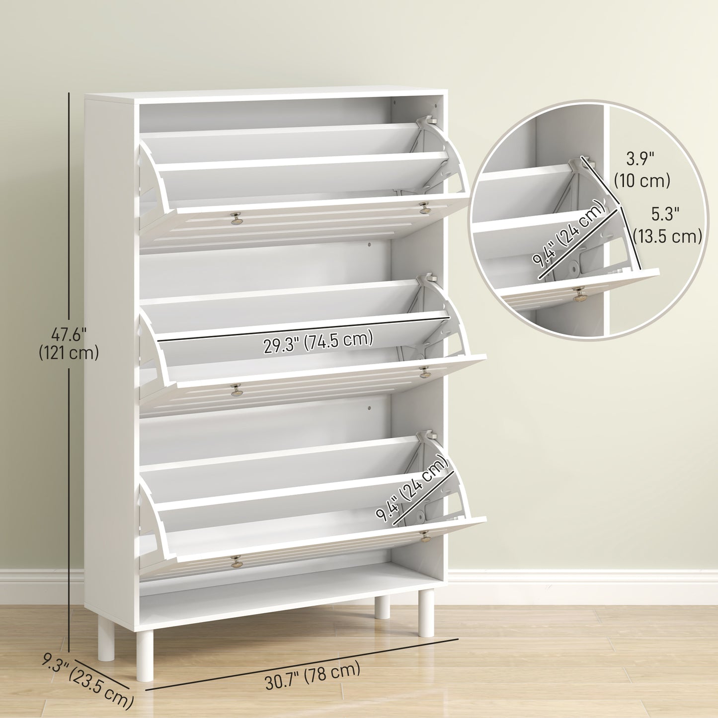 Modern Narrow White Shoe Storage Cabinet with 3 Flip Drawers, Adjustable Shelves