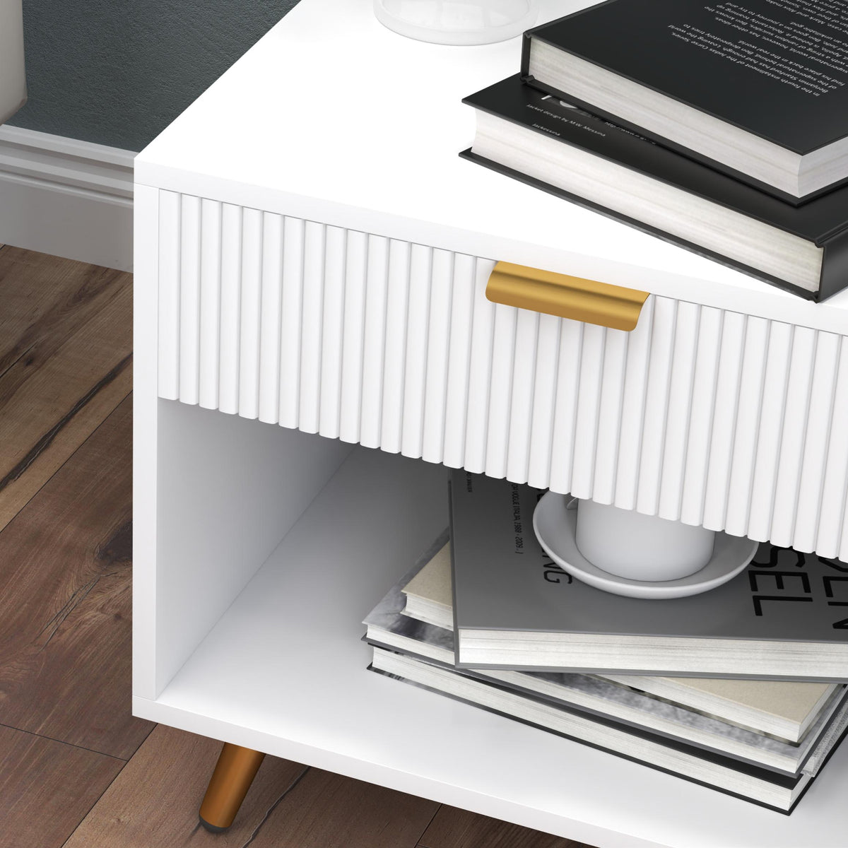 Fluted Panel Nightstand with Drawer and Open Shelf – 20"W x 19"H