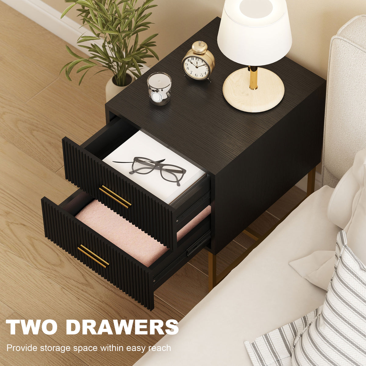 Fluted 2-Drawer Nightstands with Gold Legs, Set of 2 – 16"W x 19"H