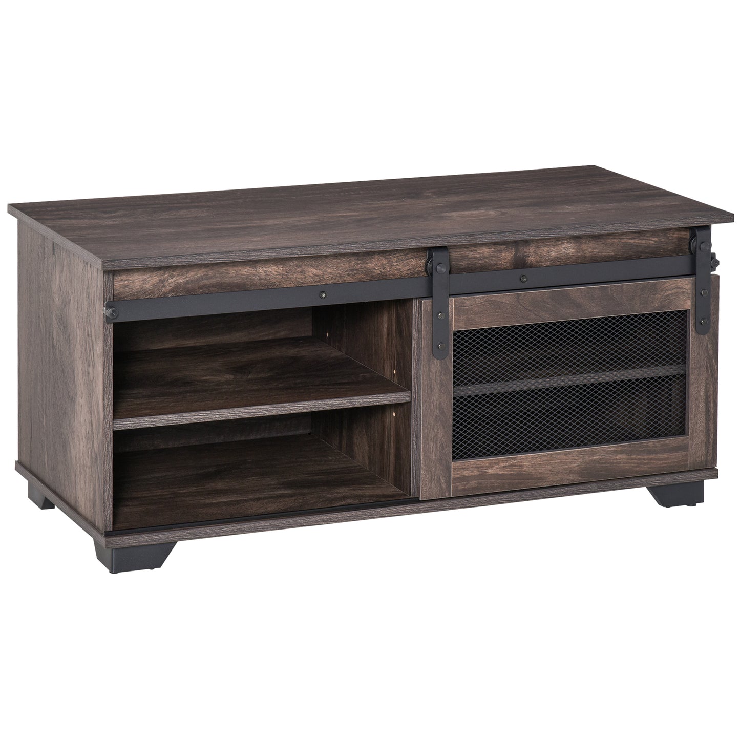HOMCOM Farmhouse Industrial Coffee Table with Sliding Barn Door, Adjustable Shelf, Dark Brown