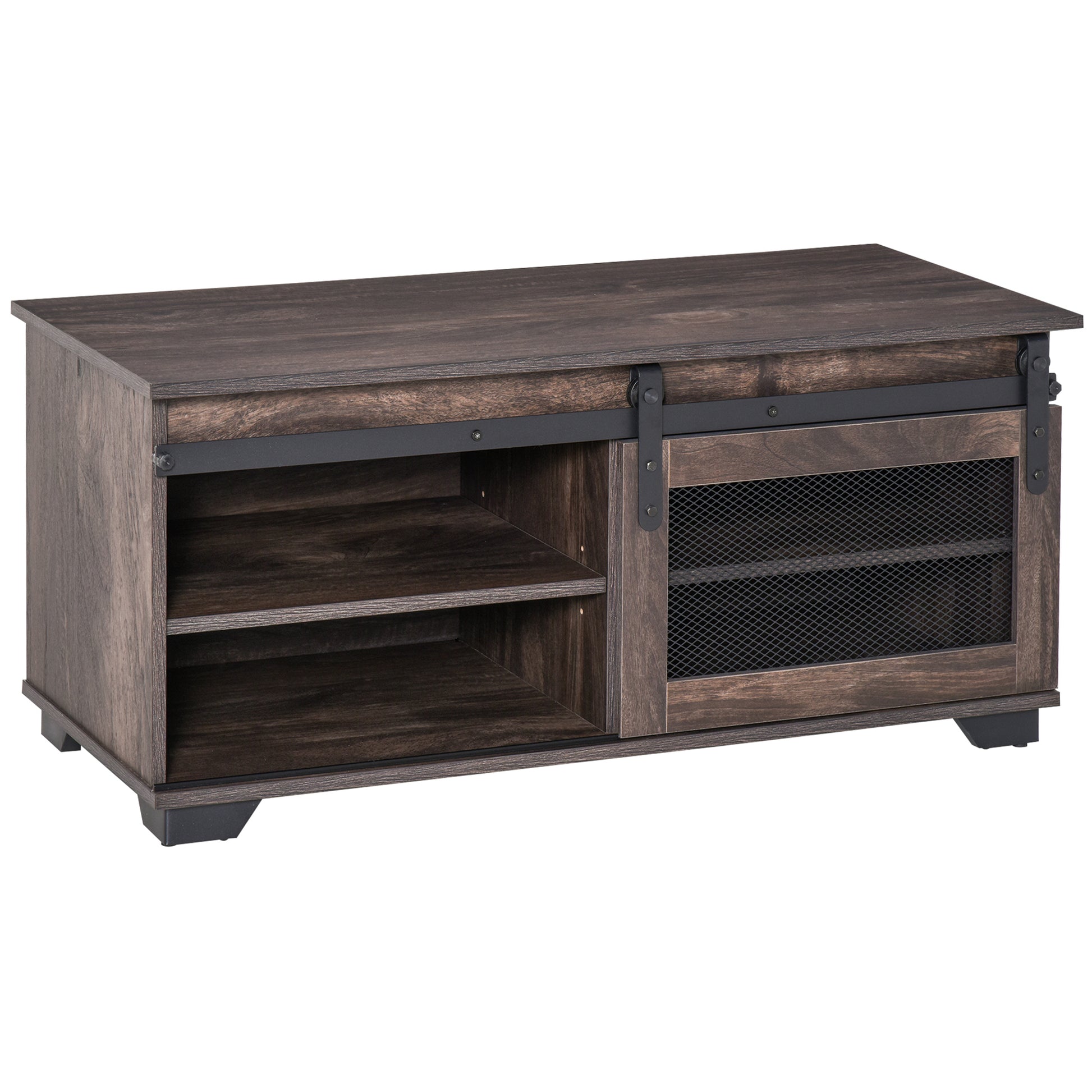 HOMCOM Farmhouse Industrial Coffee Table with Sliding Barn Door, Adjustable Shelf, Dark Brown