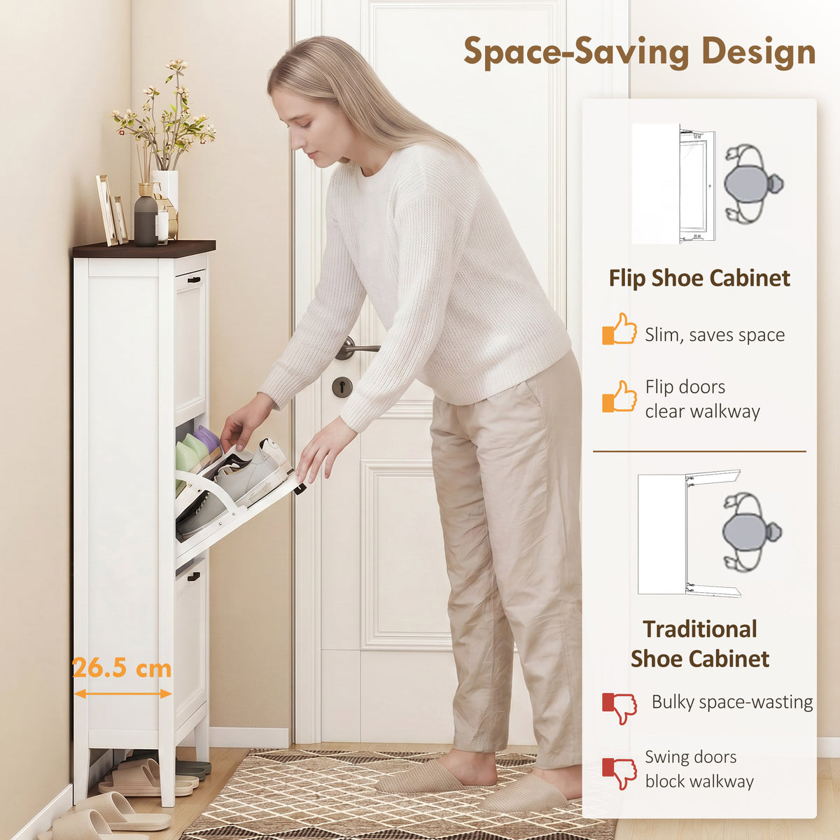 Shoe Cabinet with 3 Flip Drawers – 24"W x 53"H