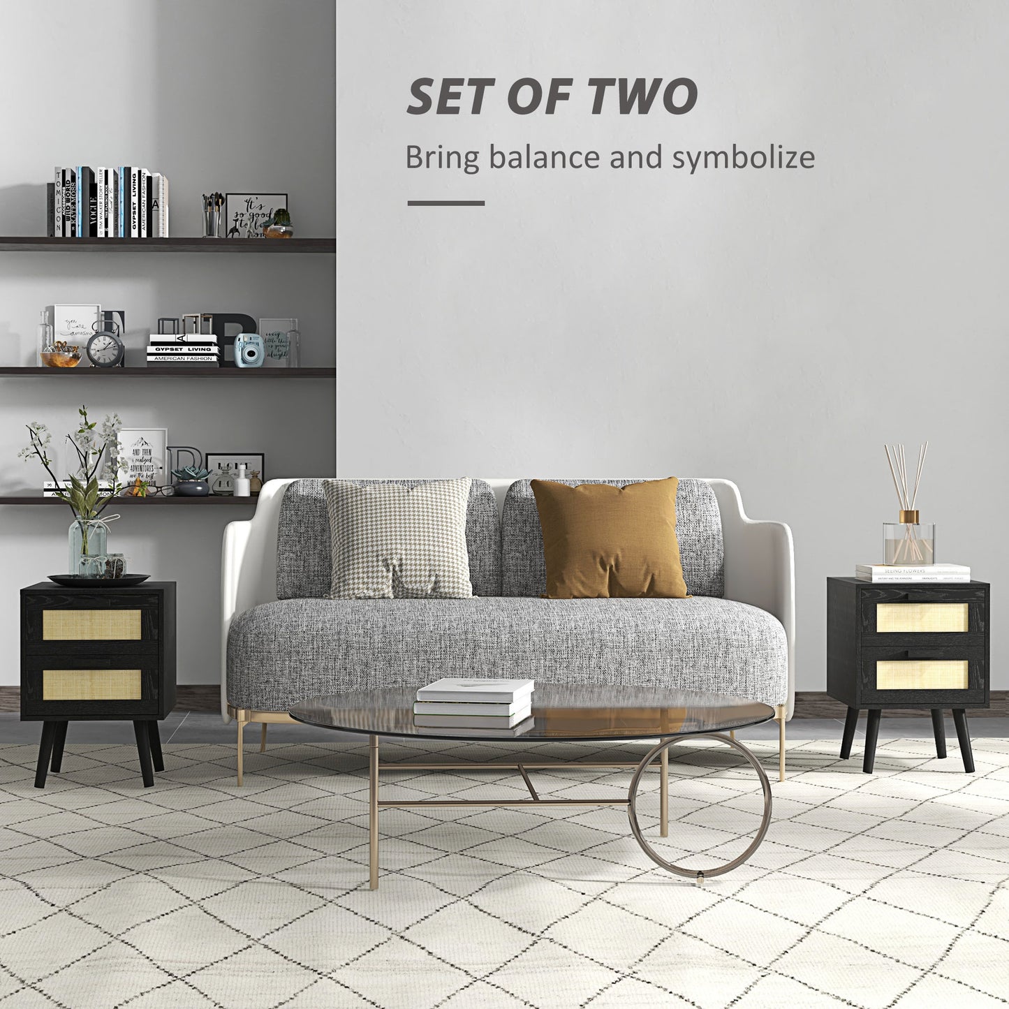 HOMCOM Boho Nightstands Set of 2, Black Bedside Tables with Storage Drawers