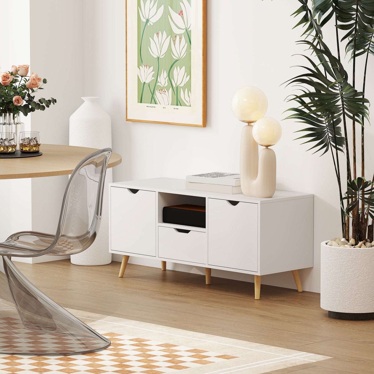 HOMCOM Modern White TV Stand with Open Shelf, Drawer & Cabinets for 50-inch TVs