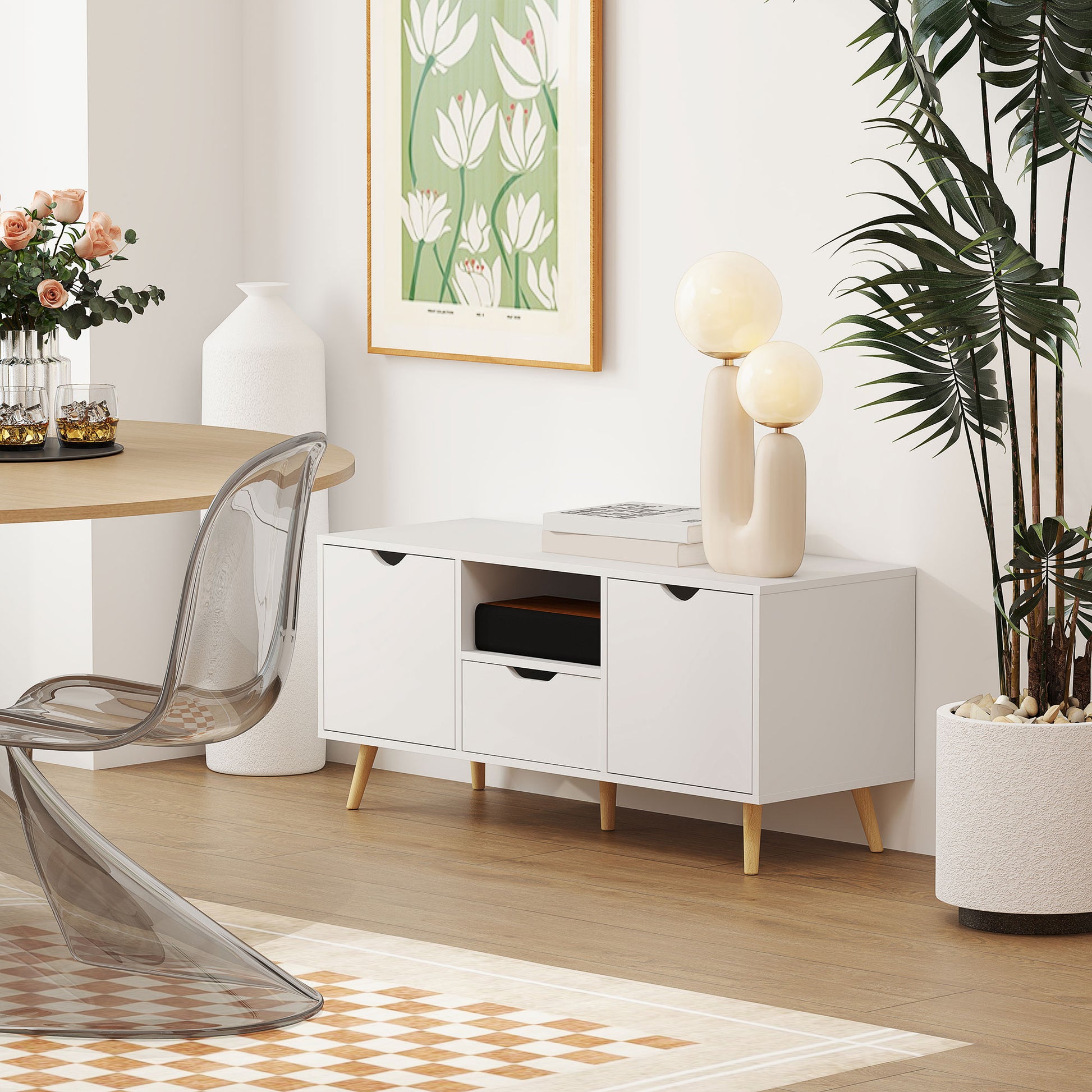 HOMCOM Modern White TV Stand with Open Shelf, Drawer & Cabinets for 50-inch TVs