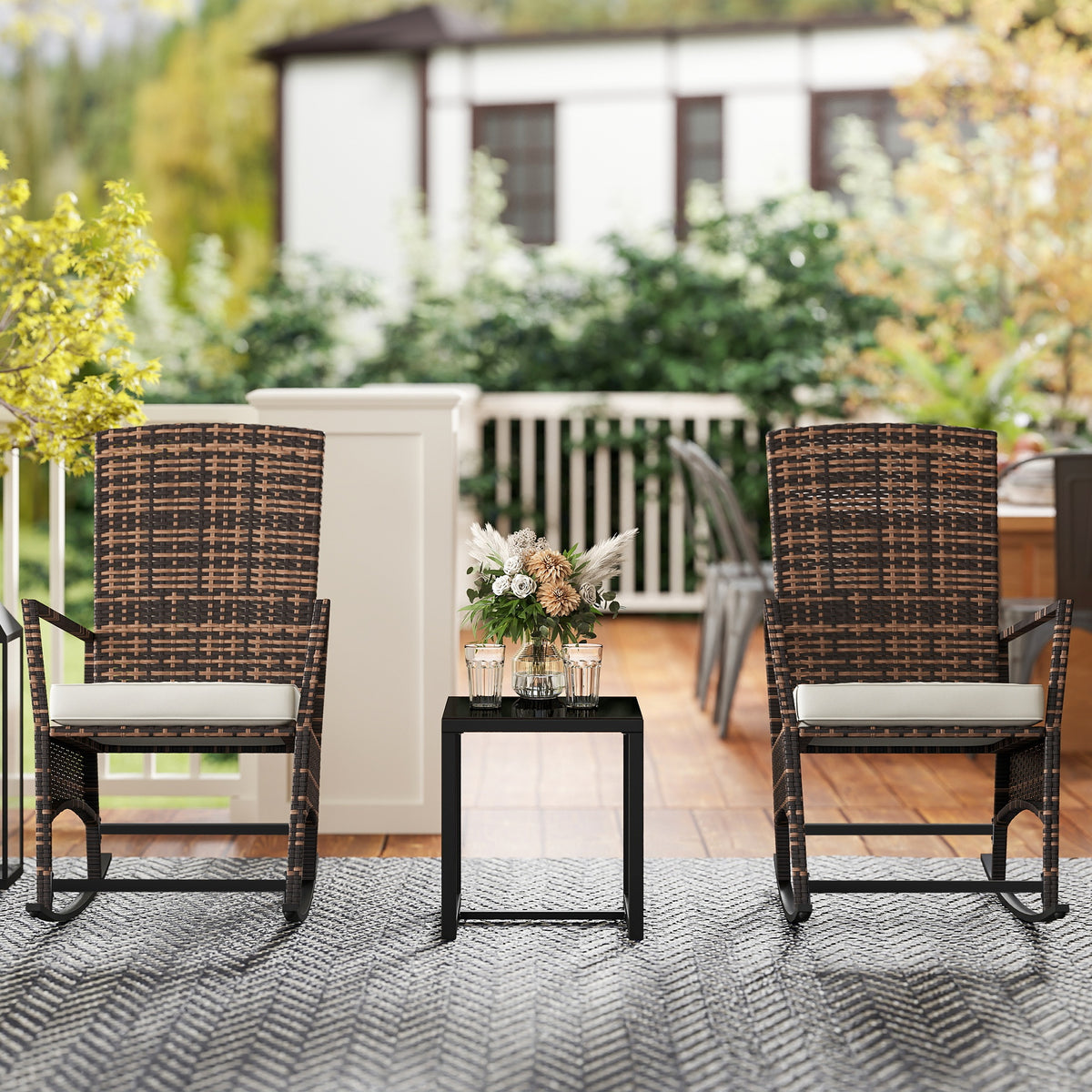 3 Piece Rocking Bistro Set, Wicker Patio Furniture with 3-Level Reclining High Back Rocking Chair and Glass Table