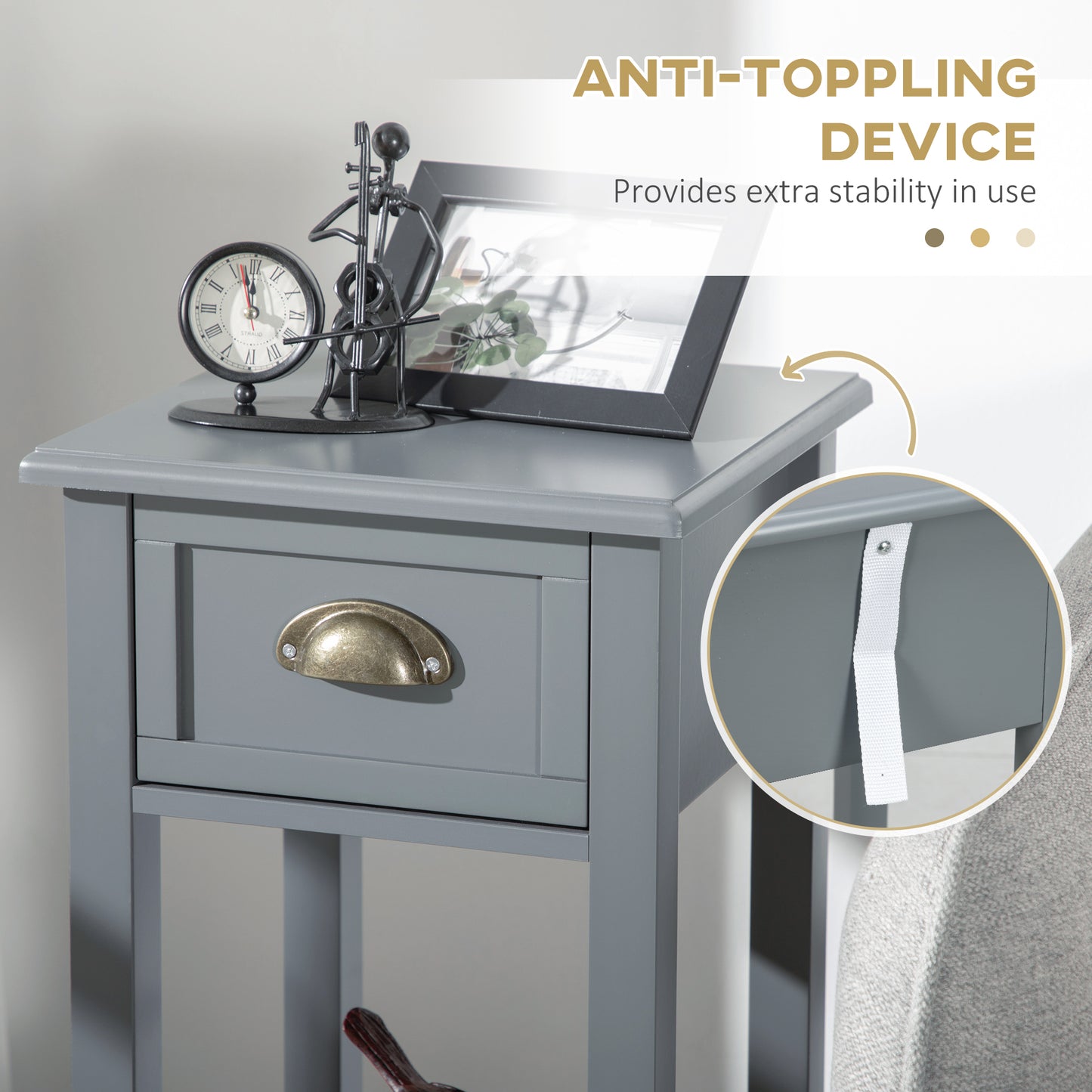 HOMCOM Set of 2 Slim Grey Wooden Nightstands with Drawer and Shelf