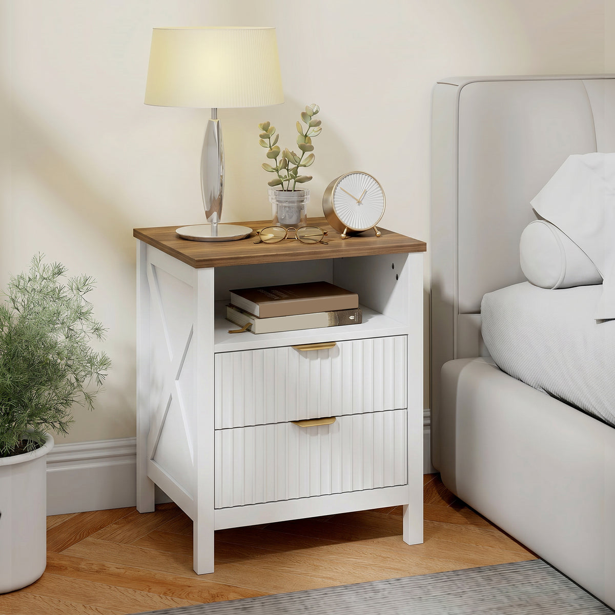 Fluted 2-Drawer Nightstand with Open Shelf – 20"W x 24"H