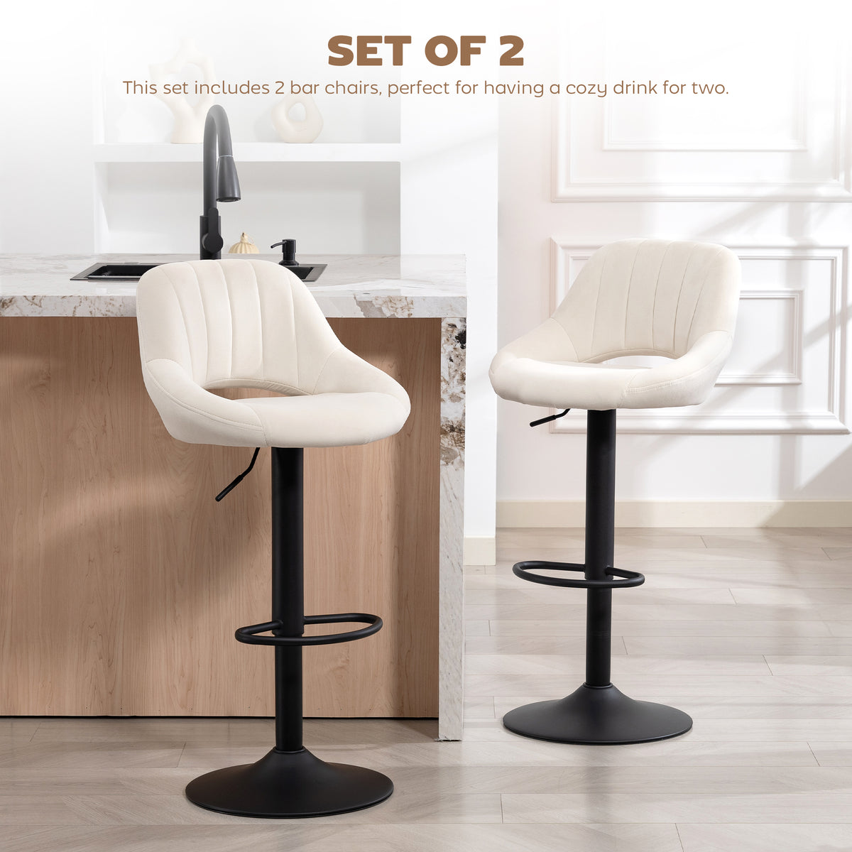 Velvet Swivel Counter Stools with Cutout Back, Set of 2, Cream White