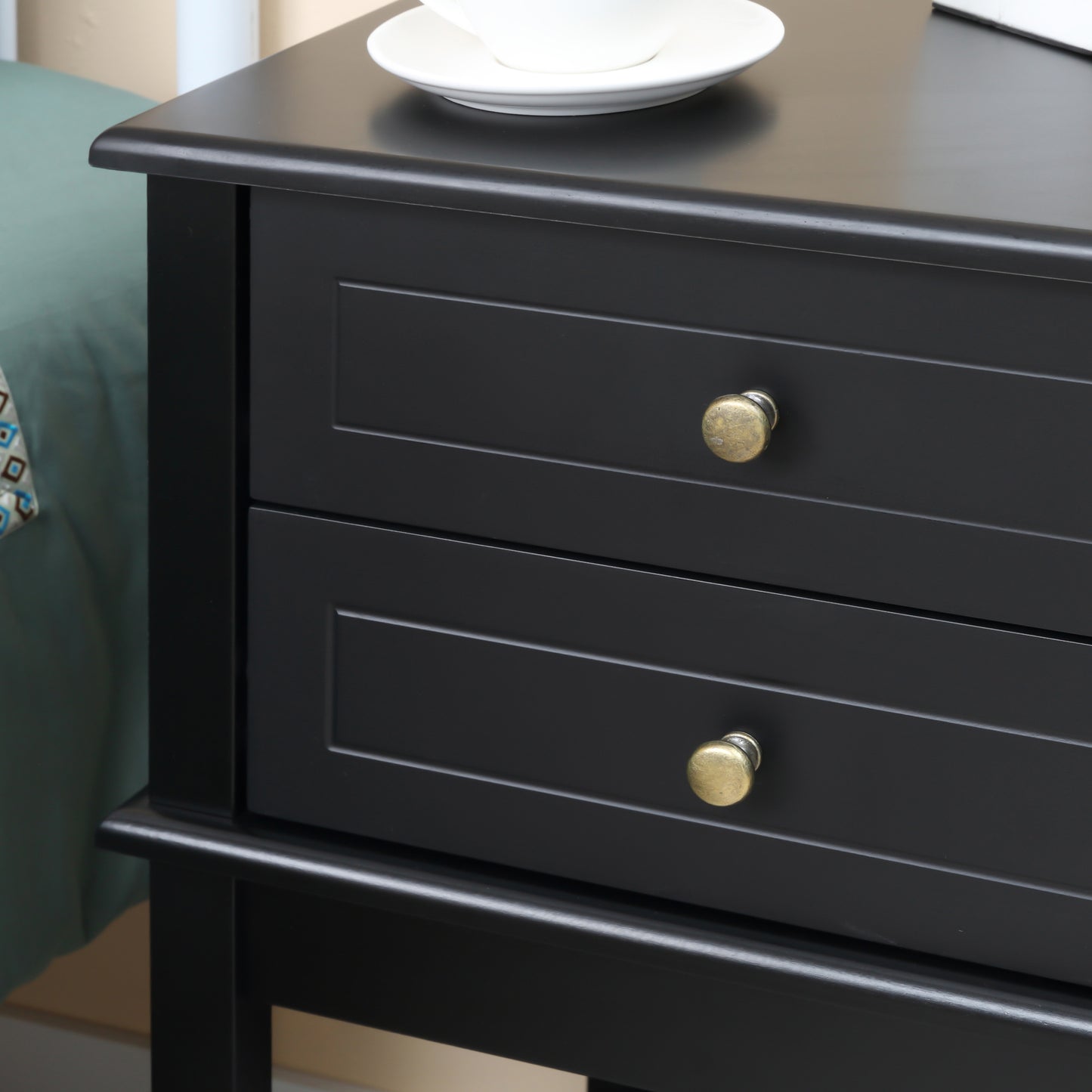 HOMCOM Modern Black Sofa Side Table with Drawers & Storage Shelf