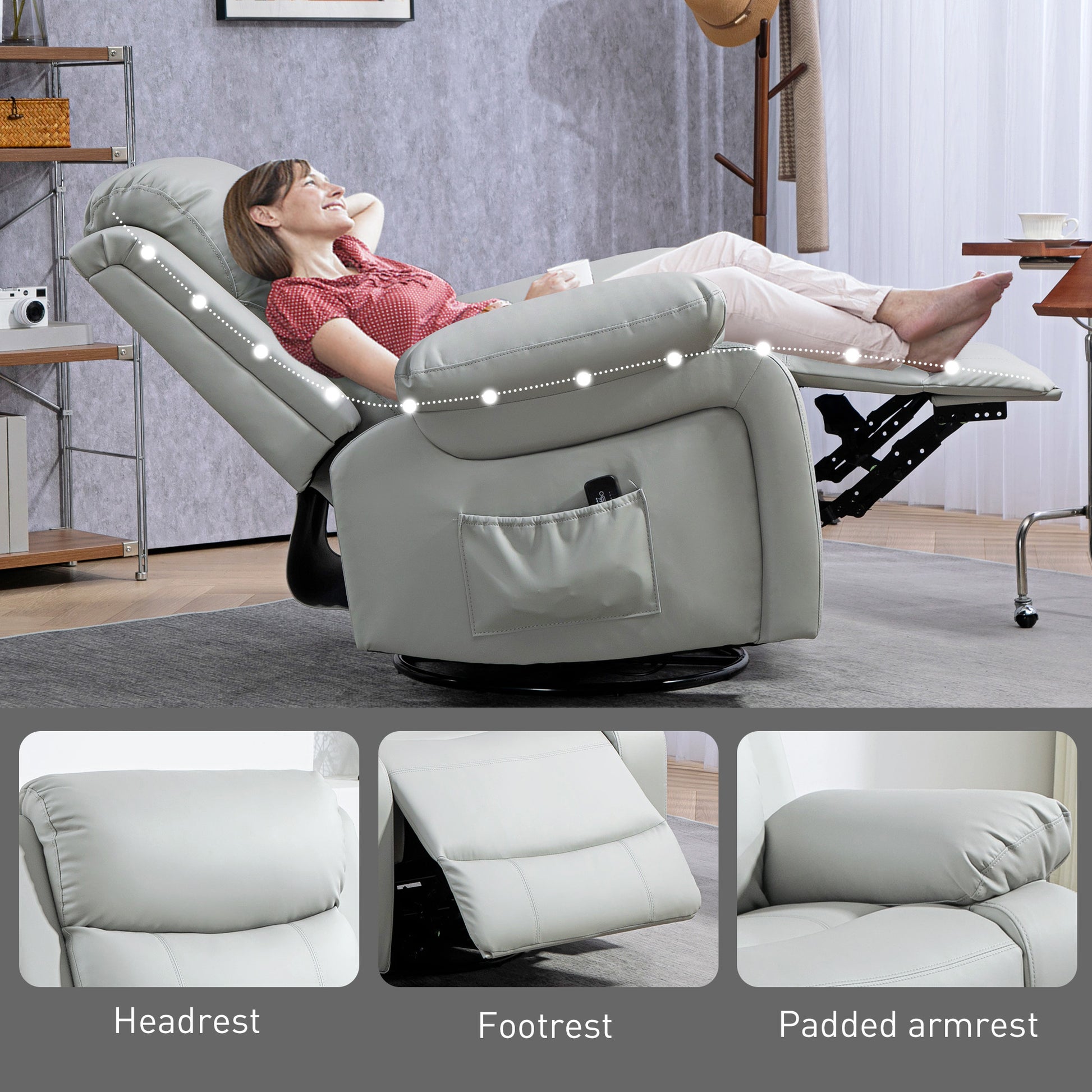 HOMCOM Light Grey PU Leather Massage Recliner Chair with Swivel Base